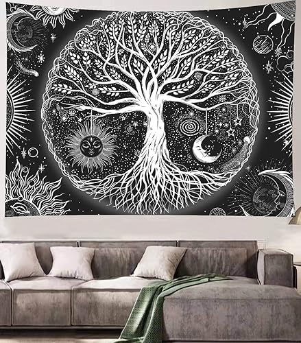 Miniatura 3 de FORATER Tapiz para colgar en la pared del Árbol de la Vida, tapiz estético de sol y luna en blanco y negro, decoraciones para el hogar para sala de