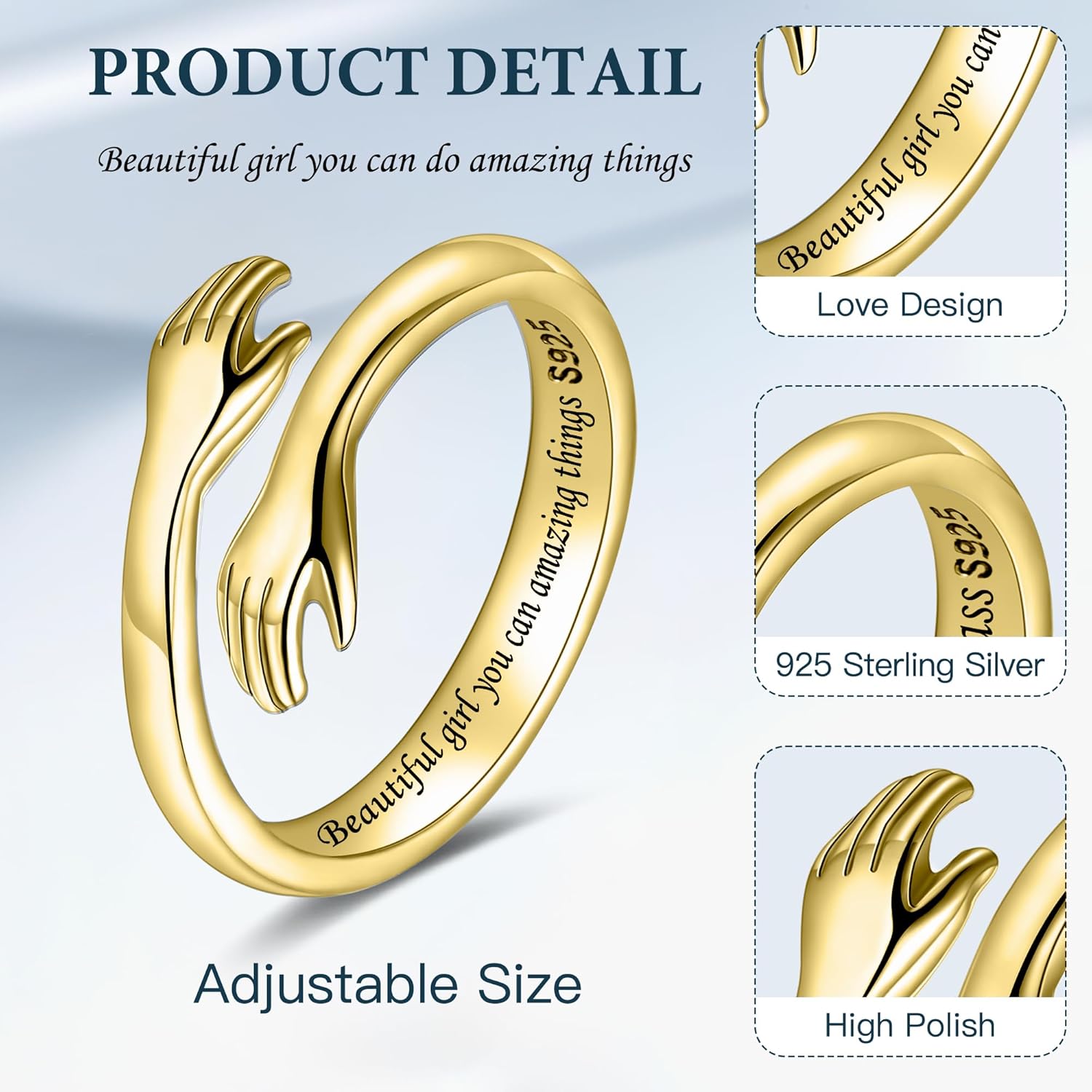 LOVECOM S925 Sterling Silver Hug Rings for Women Adjustable Hugging Hands Open Ring for Men Promise Rings Jewelry Birthday Mothers Day Gifts for Dad Mom Wife Daughters Grandma Best Friend - Image 2