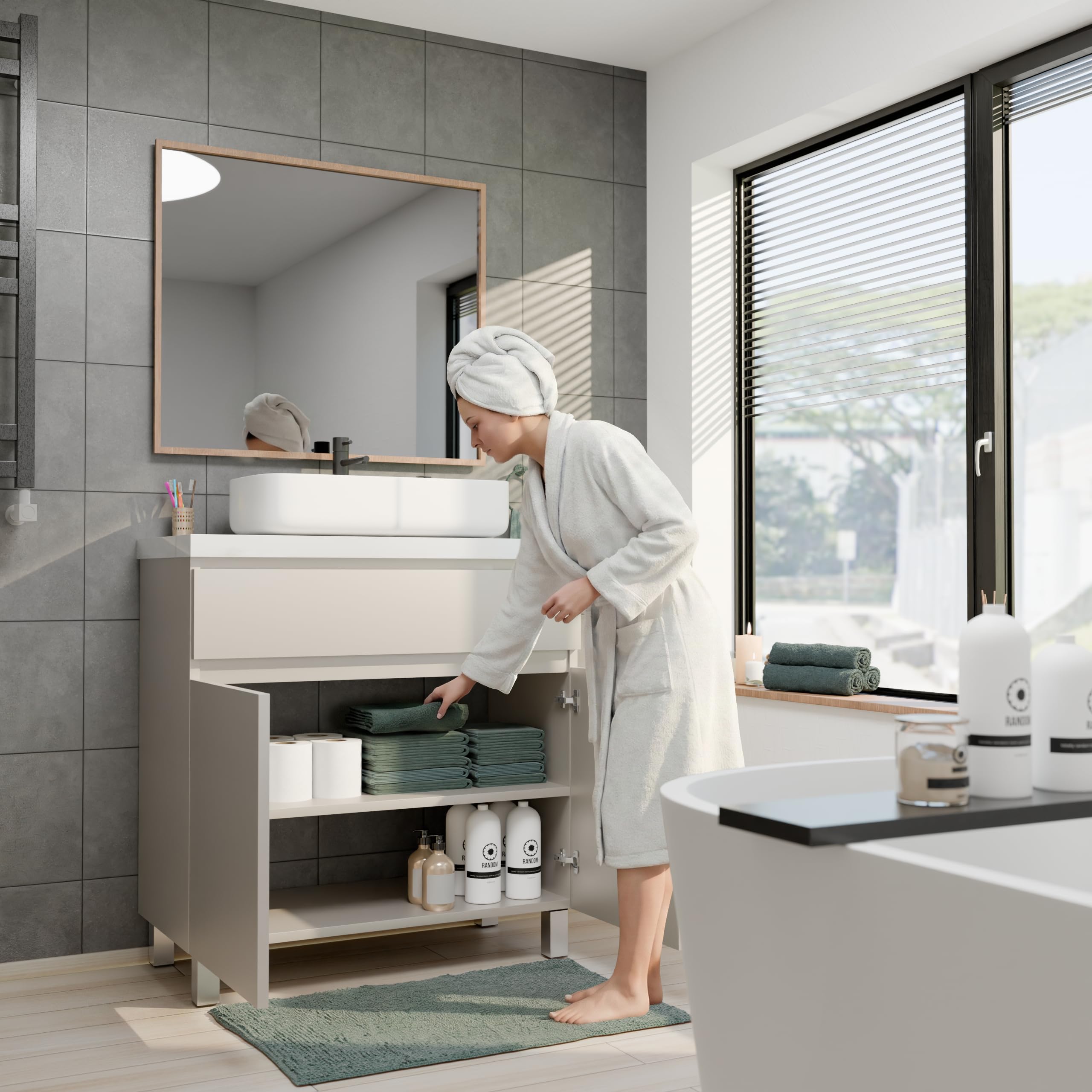 Mueble de baño Ariza Top, suspendido, 80 cm de Ancho, sin Lavabo, con cajón, para lavabos de sobre encimera - Cachemira Mate