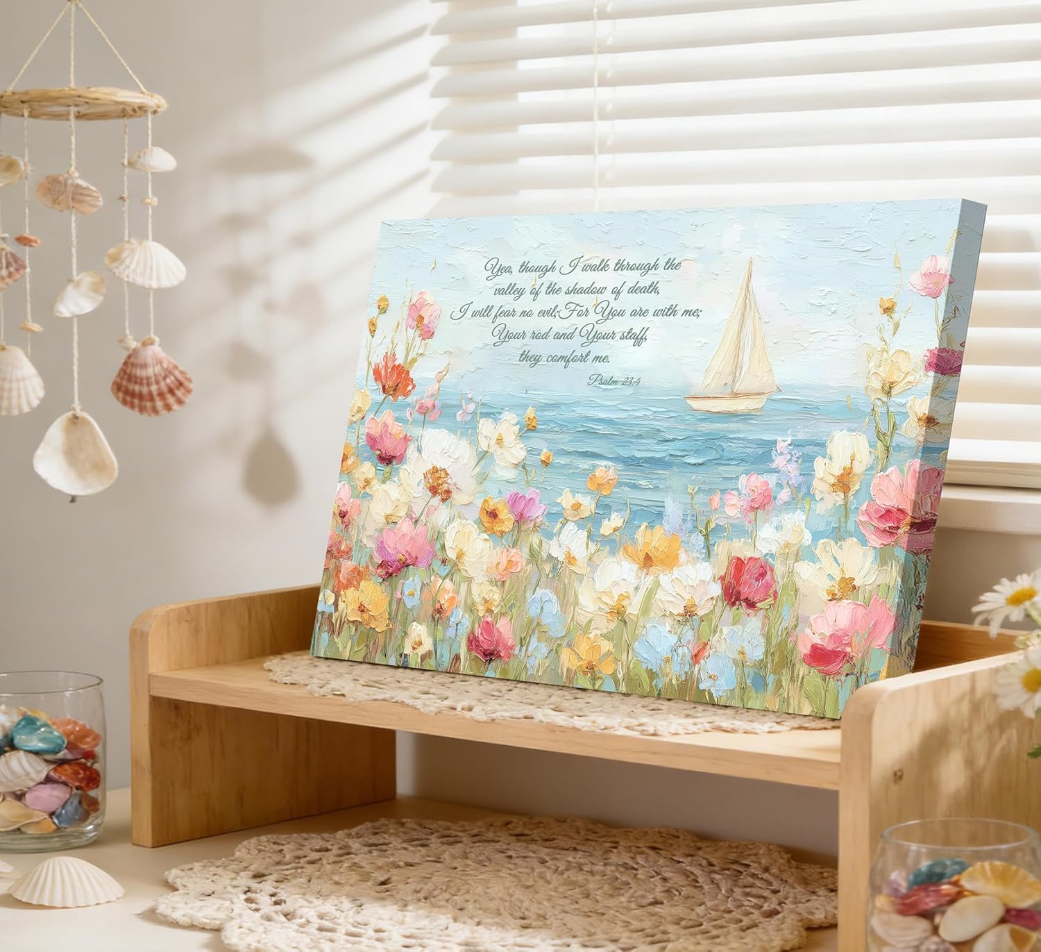 Christian Bible Floral Canvas Wall Art,Ocean Flower Psalm 23 Painting Picture Wall Decor,Seaside Floral Poster Print Artwork for Bathroom,Gallery,Bathroom,Church,Home Decoration 16x24in