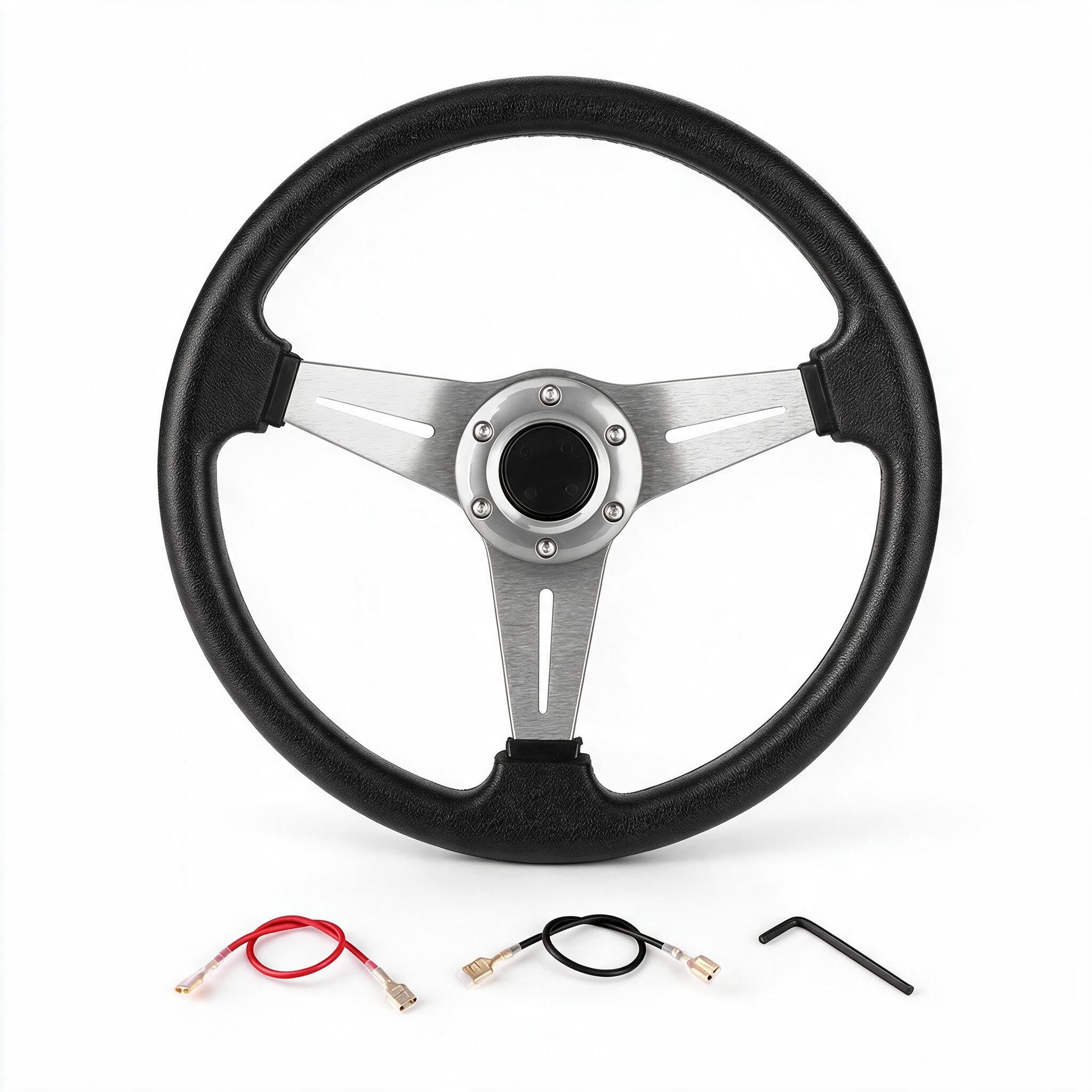 35CM Universal Kart Lenkrad, 6 Loch Rennlenkrad mit Horn Taste (Silber)