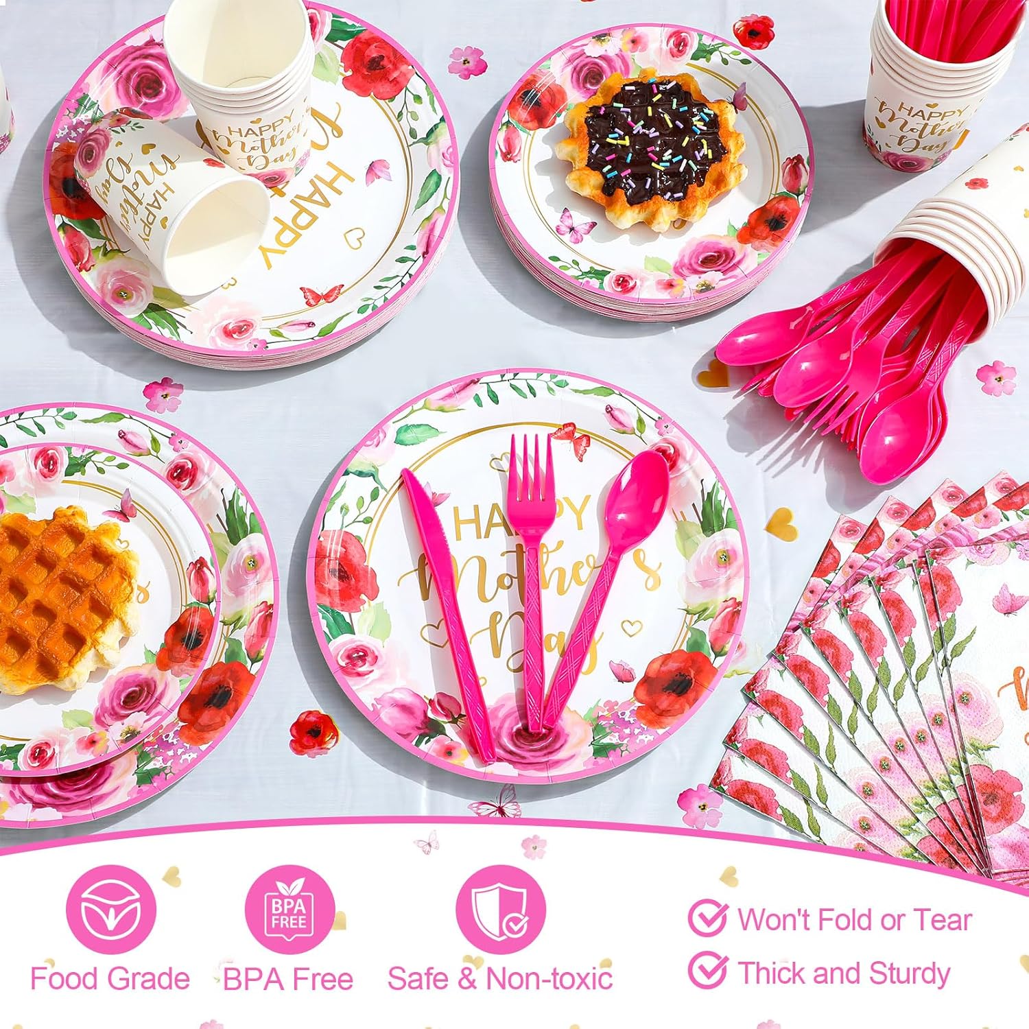 Zhehao 171 Pcs Happy Mother's Day Party Decorations Disposable Mothers Day Plates Napkins Cups Knives Spoons Forks Banner and Tablecloth for Mom Mother's Birthday Party Supplies, Dinner,serve 24