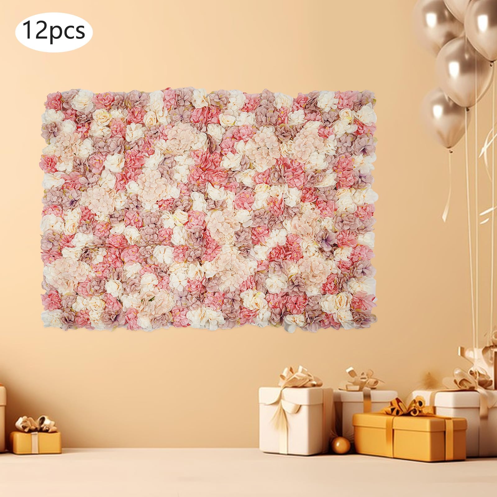12 Stück Künstliche Blumenwand Rosenwand Hintergrund Kunstblumen Deko Blumendekor Kunstblumenwand Set mit 100 x Kabelbinder, DIY Blumenwandpaneel für Hochzeit, Gärten, Party, 38 x 38 cm (1)