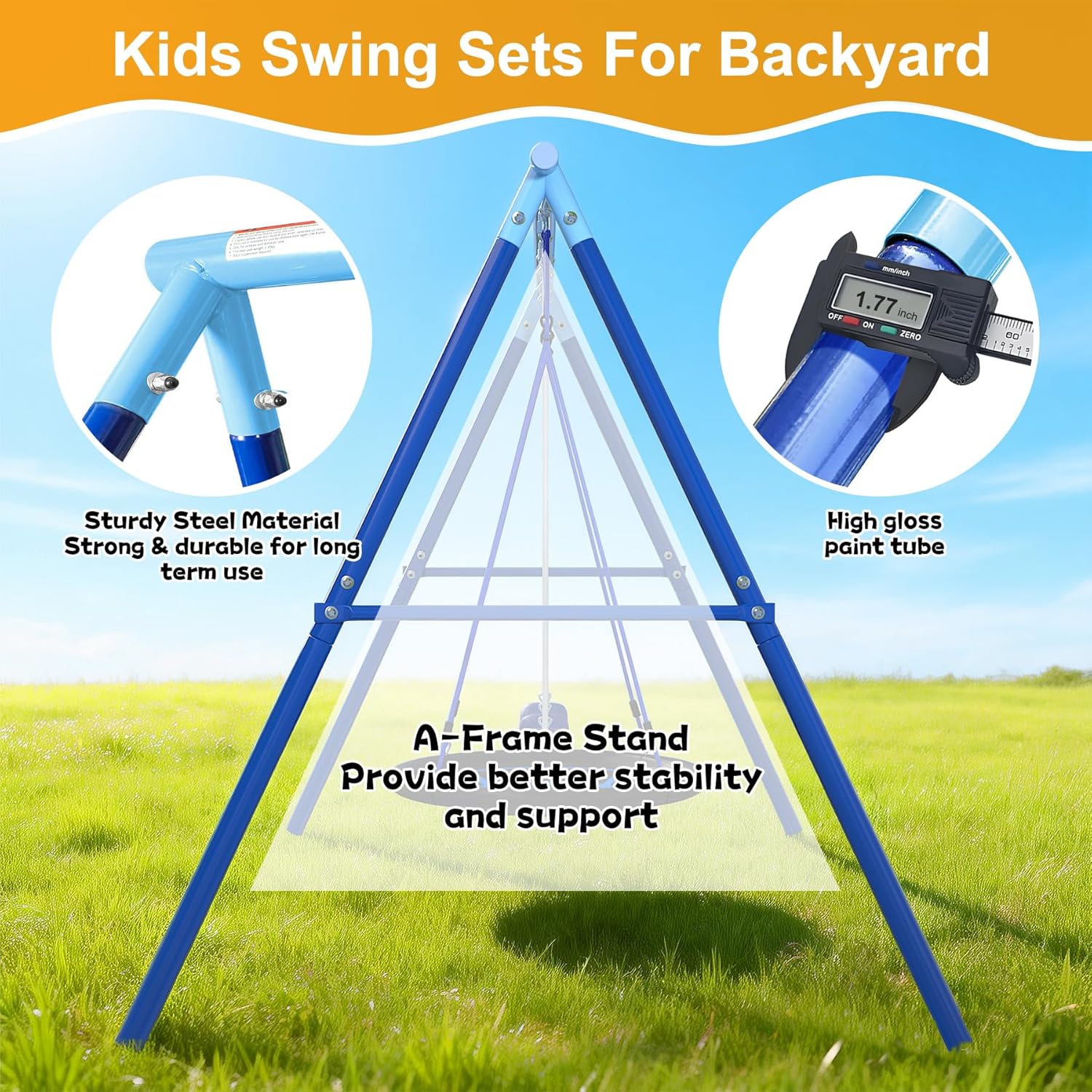 Heavy Duty Swing Set for Kids Ages 3-8 - 600 lbs Capacity Outdoor Metal A-Frame Playset, 3-in-1 Backyard Playground Equipment with 2 Blow Molded Belt Swings and 32" Saucer Swing