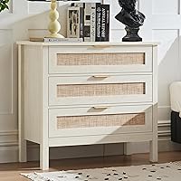 LEYAOYAO 31.5" Boho Rattan Nightstand with 3 Drawers - Grey White Bedside Table, Tall Storage End Table for Bedroom Living Room