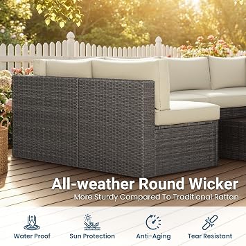 May in Color 7 Pieces Wicker Outdoor Patio Furniture Set, Patio Sectional Sofa with Coffee Table, All-Weather Outdoor Sectional Furniture for Garden Backyard, Beige