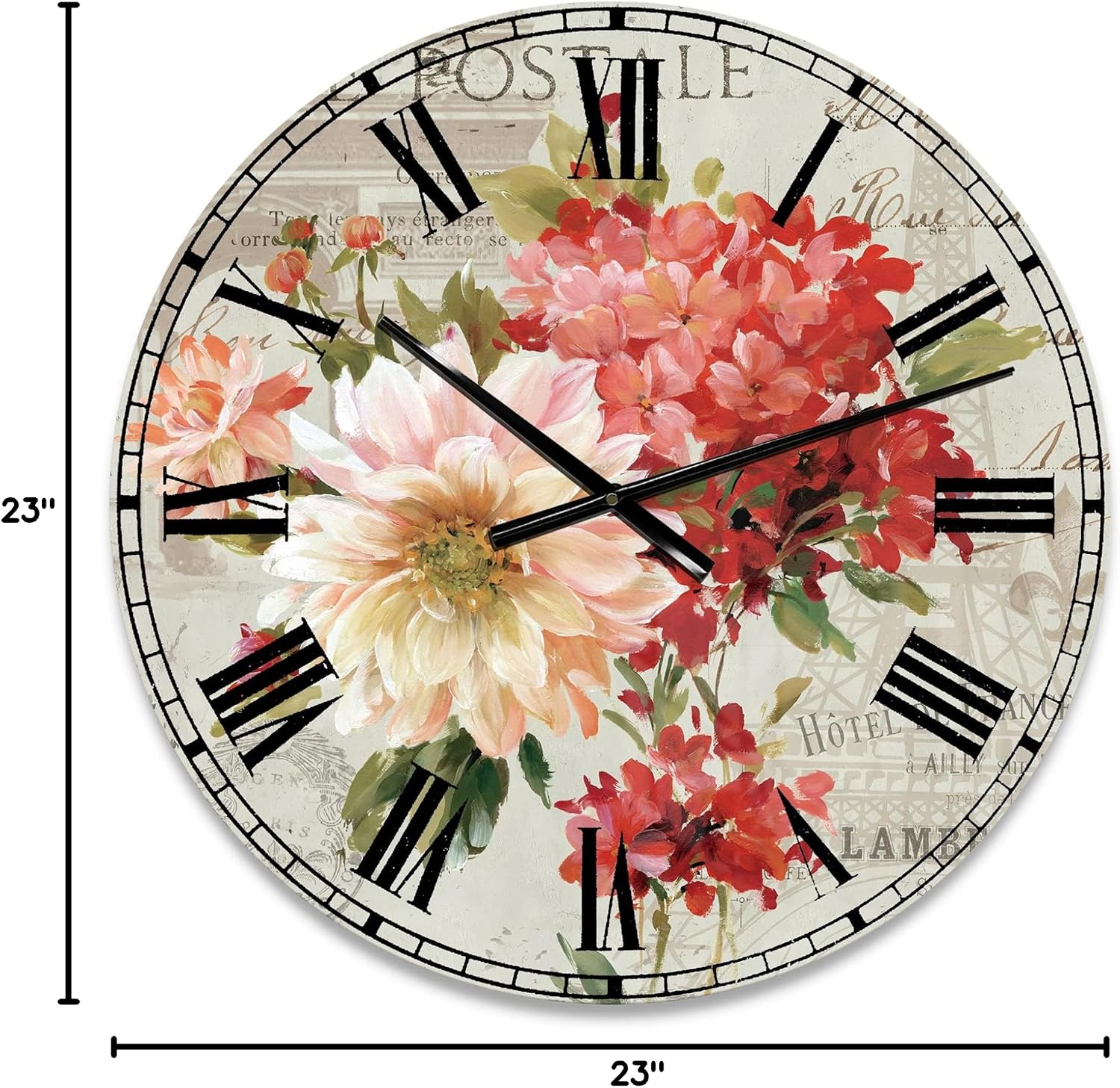 DesignQ 'Red Painted Flowers on Vintage Postcard I' Traditional Wall Clock for Home Bedroom Bathroom Office Living Room Decoration