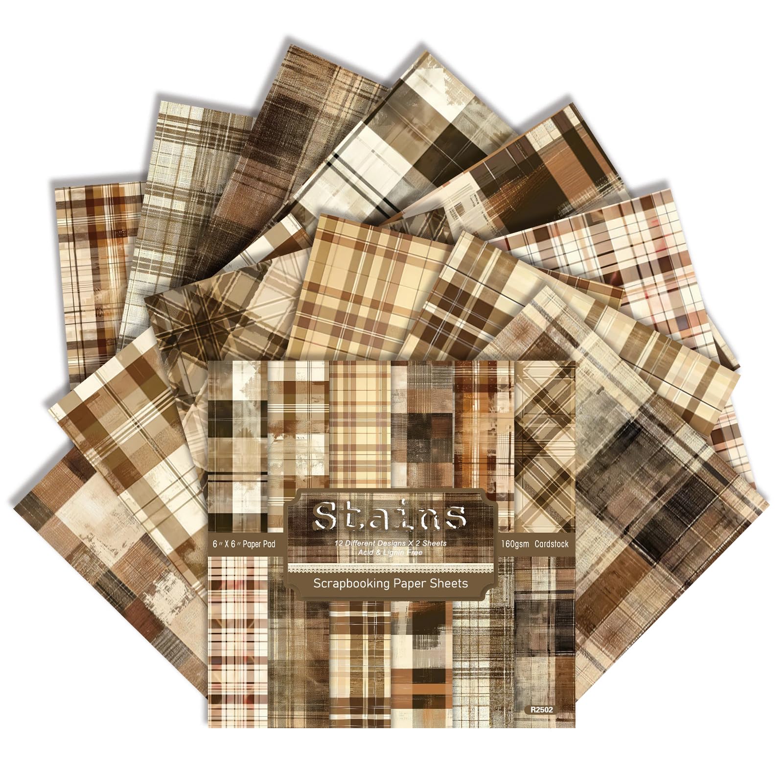 12 Designs Vintage Stripe Style Patterned Paper Pack, 24 Sheets Plaid Scrapbooking 6x6 Inch Single Sided Plaid Decorative Craft Paper for Cards DIY Crafts Scrapbooking Albums (D)