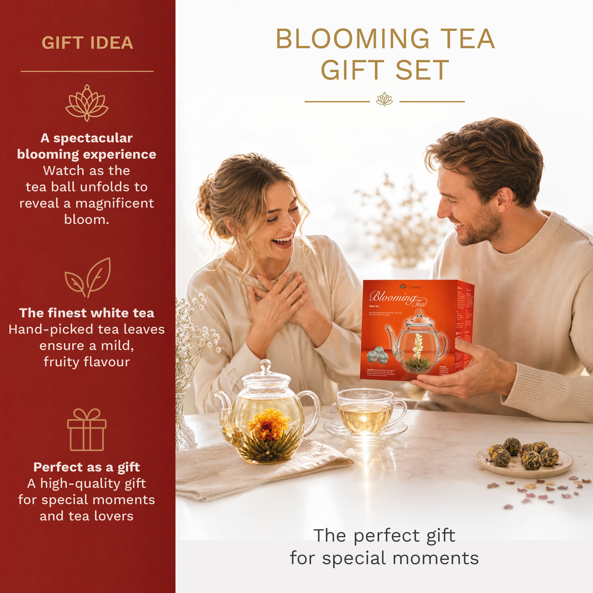 Creano Teeblumen Geschenkset - Erblühtee mit 500ml Glaskanne & 6x Weißer Tee - Geschenk zu Weihnachten Geschenk für Frauen und Teeliebhaber