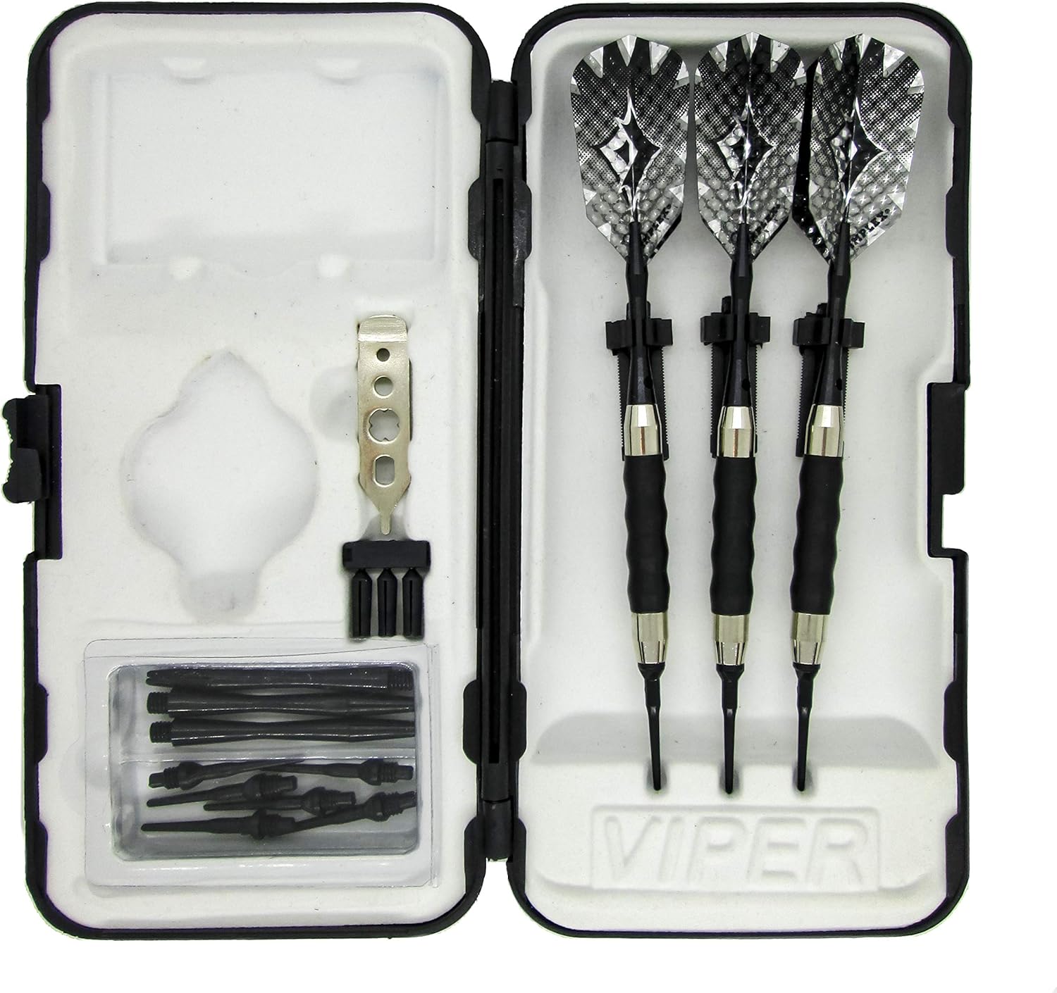 sure grip Viper Black Soft Tip Darts with Dart Case & Accessories Choice of Flights 16 or 18 Grams Plus I Love Darts Bracelet (Dimplex Silver Diamond, 16g)