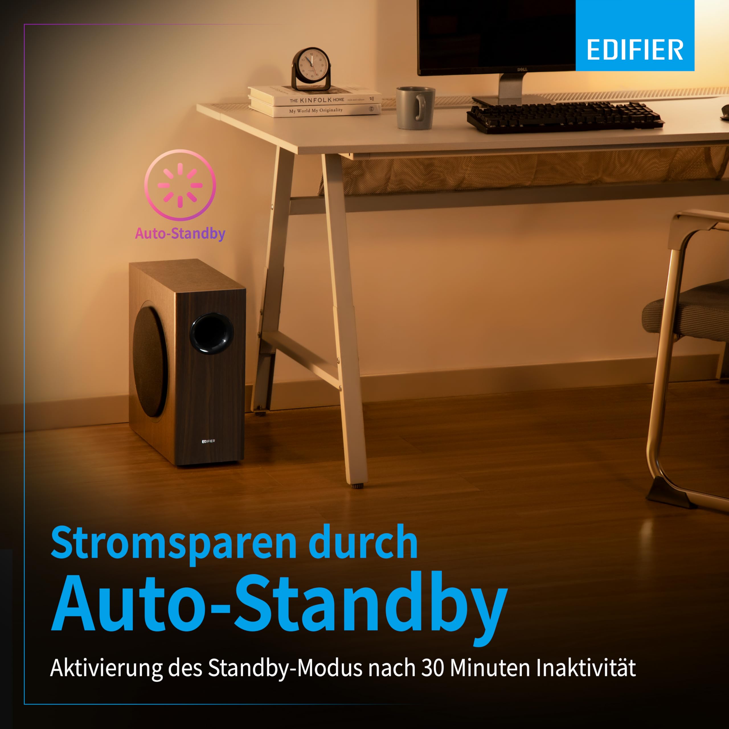 Edifier T5s AKTIV-SUBWOOFER – 8-Zoll-Tieftöner – 70 Watt – Low-Pass-Filter – Frequenz bis 35Hz – MDF-Gehäuse für reduzierte Resonanz – Standby – Cinch-Anschlüsse – Zeitloses Design