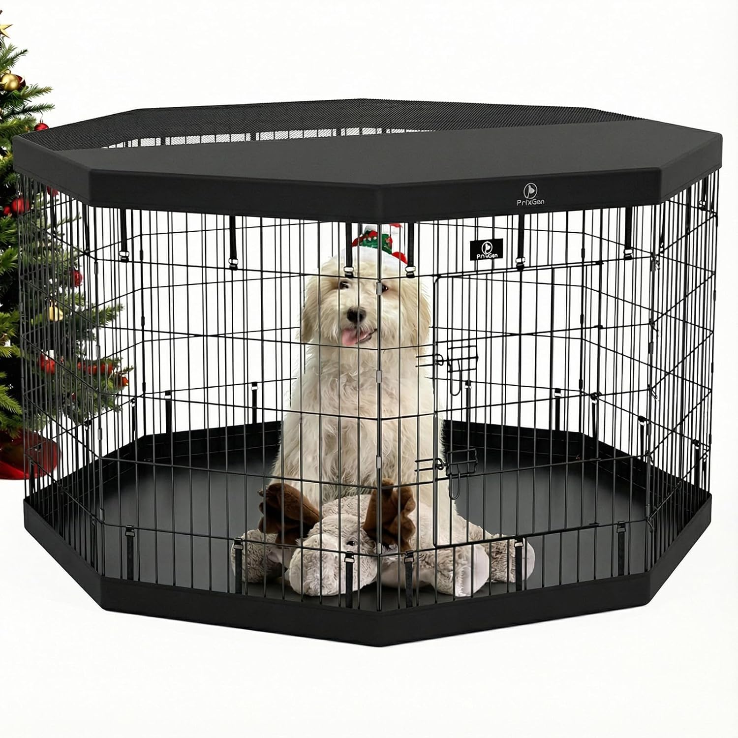 PJYuCien Dog Playpen with Top Cover and Bottom Pad - Metal Foldable Exercise Pen, 8 Panels 36" H x 24" W Indoor Outdoor Pet Fence Puppy Crate Kennel, Black