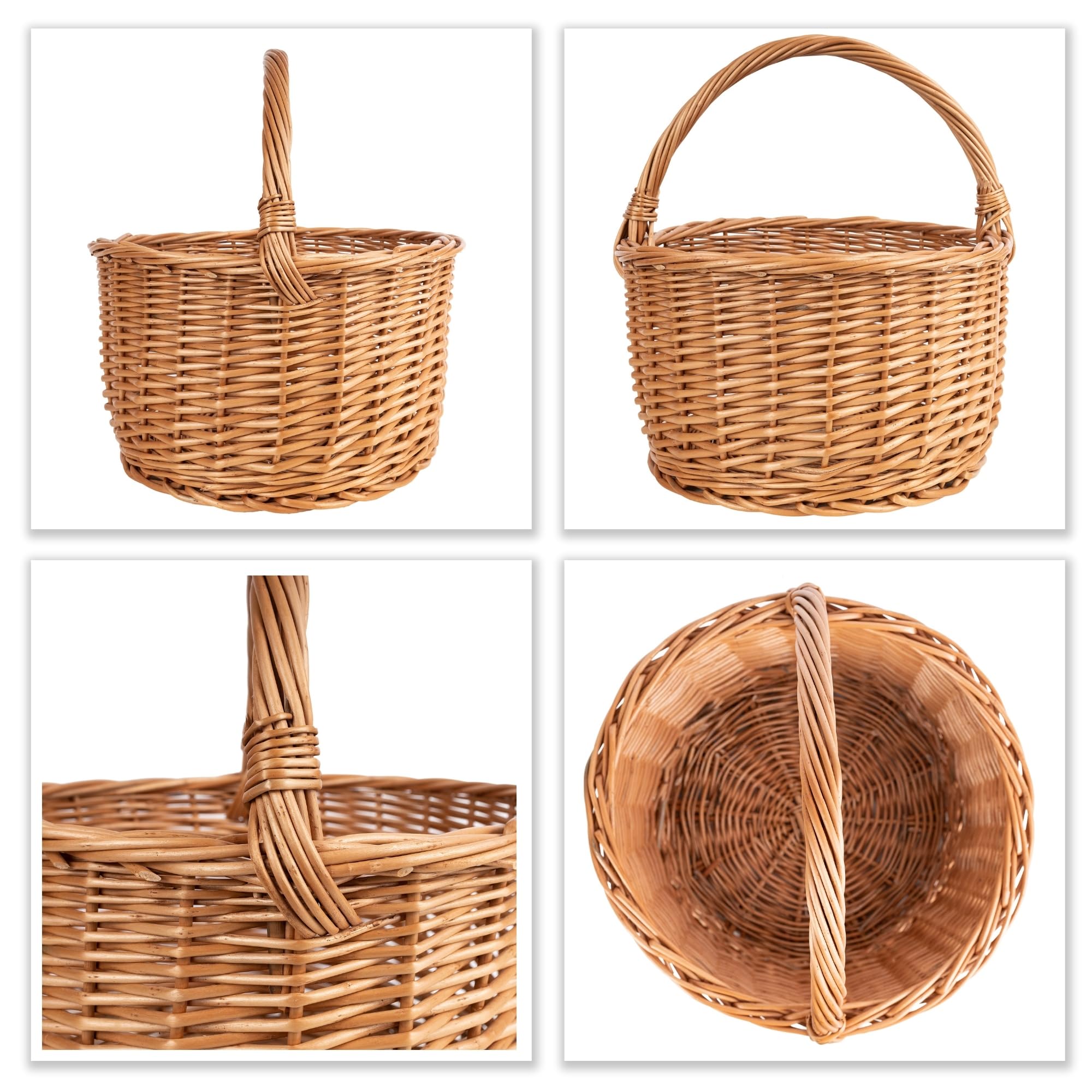 Creative Home Cesta de Mimbre con Asa | Color Marrón Natural 35x35x36cm | (+/-2cm) | Grande y Ligera | Tejida a Mano | Cesta de Regalo, Picnic, Fruta Almacenaje Decoración | Práctica y Duradera