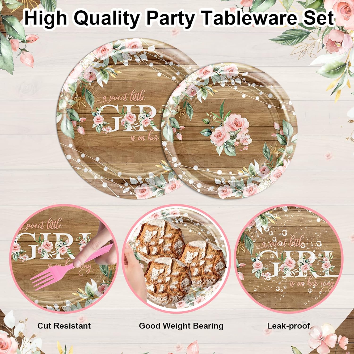 Avezano 192 Pcs Rustic Girl Baby Shower Party Decorations A Sweet Little Girl is on Her Way Baby Shower Party Tableware Set Disposable Floral Plates Napkins Cups for 24 Guests