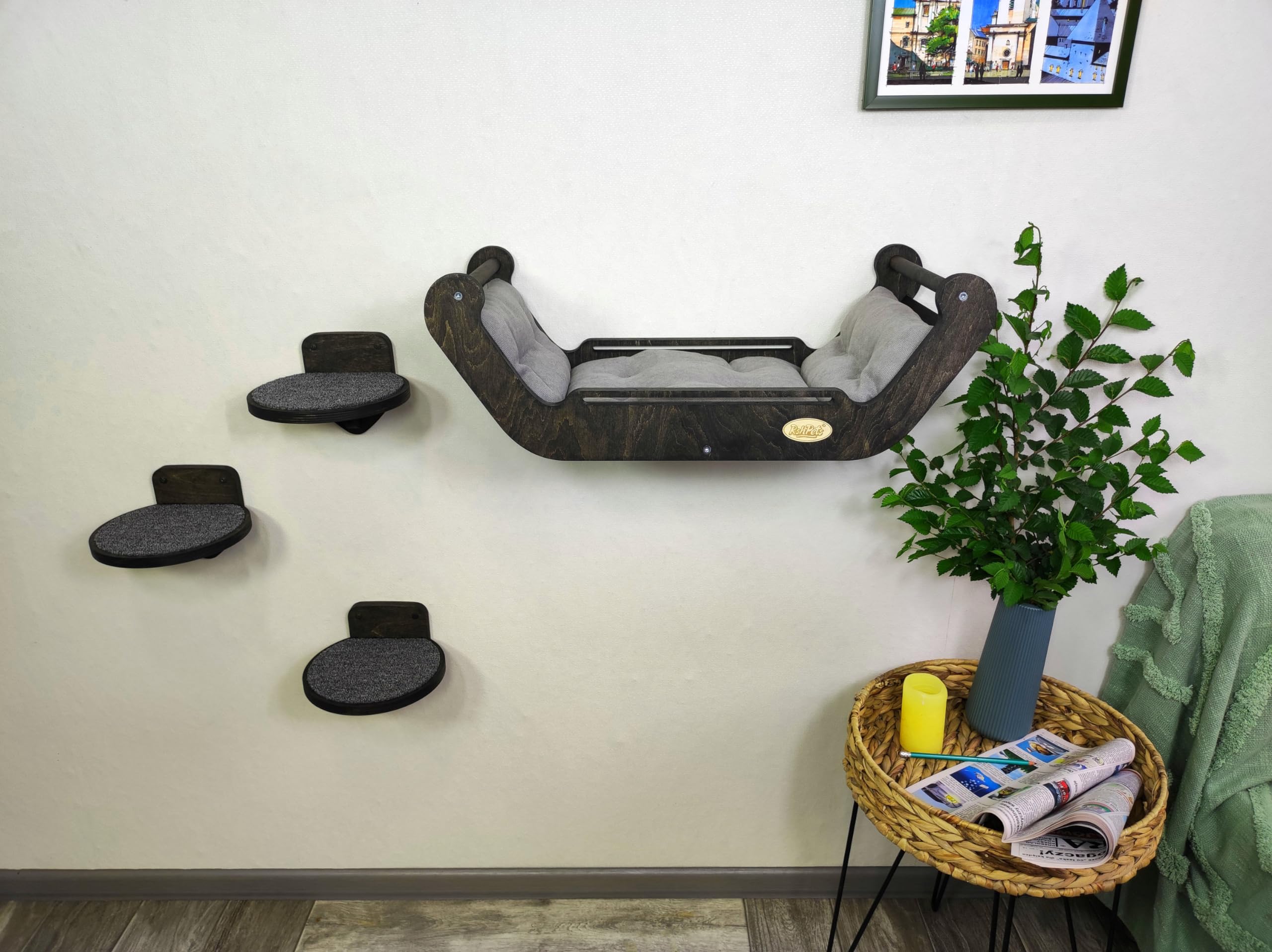 An der Wand Montiertes Katzenmöbel-Set: Bett und 3 Stufen, Katzenbett, Modernes Katzen-Wandregal-Möbelset zum Schlafen, Spielen, Klettern und Entspannen. (Dunkle Farbe)