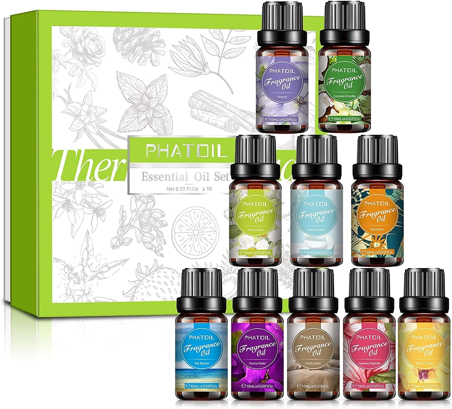 PHATOIL 10 x 10ML Fragrance Oils Gift Set Premium Grade Scented Oil