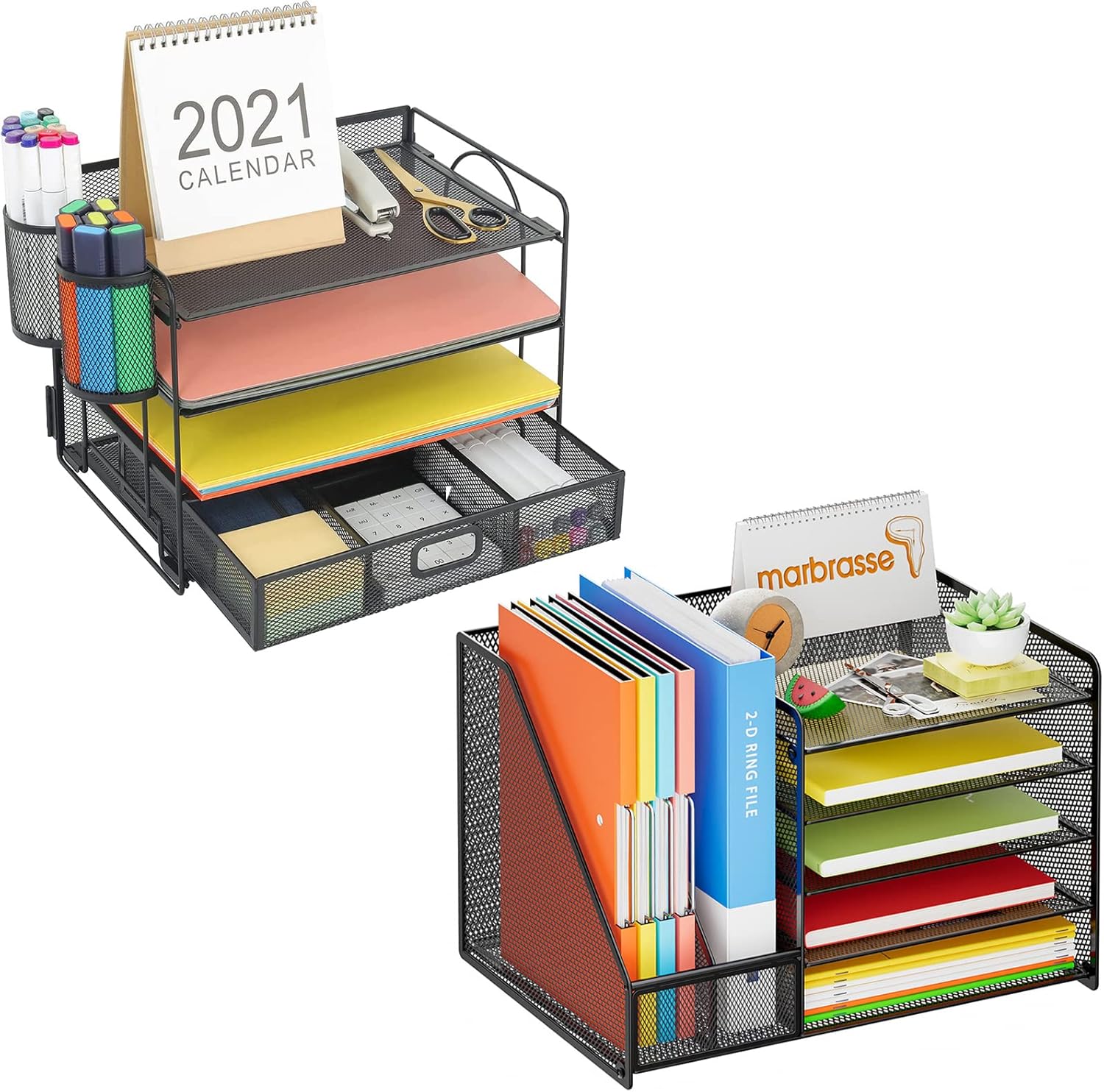 Marbrasse 4-Trays Desktop File Organizer with Pen Holder + Desk Organizer with File Holder