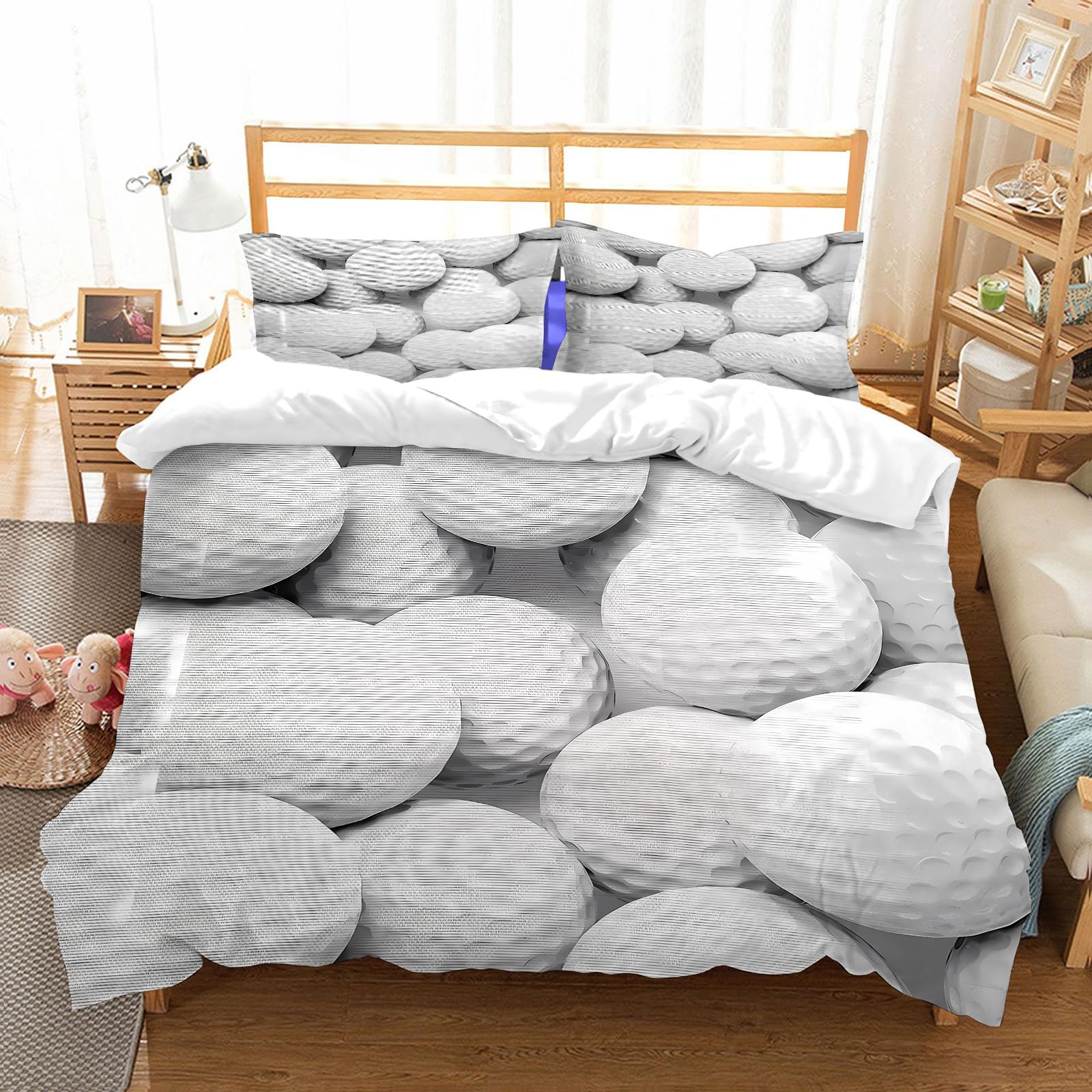 Parure de lit 100% microfibres 228x264cm blanche avec 2 taies d'oreiller motif golf 3D