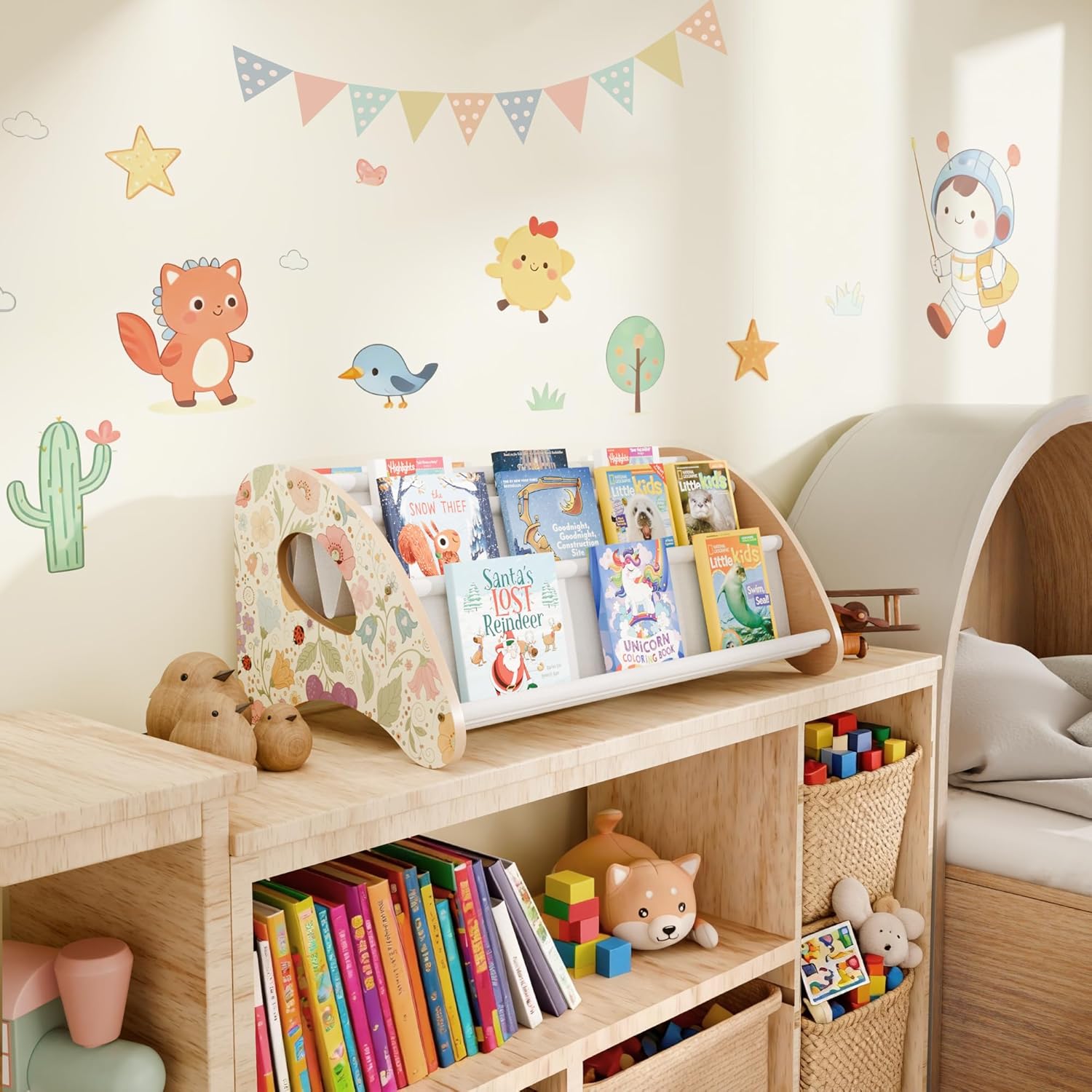Kids Bookshelf - 4-Tier Montessori Book Shelf for Kids Rooms, Easy Installation, Eco-Friendly Wooden Storage Organizer, 28.7” x 15.7” x 13.6” Natural Flower Design/White