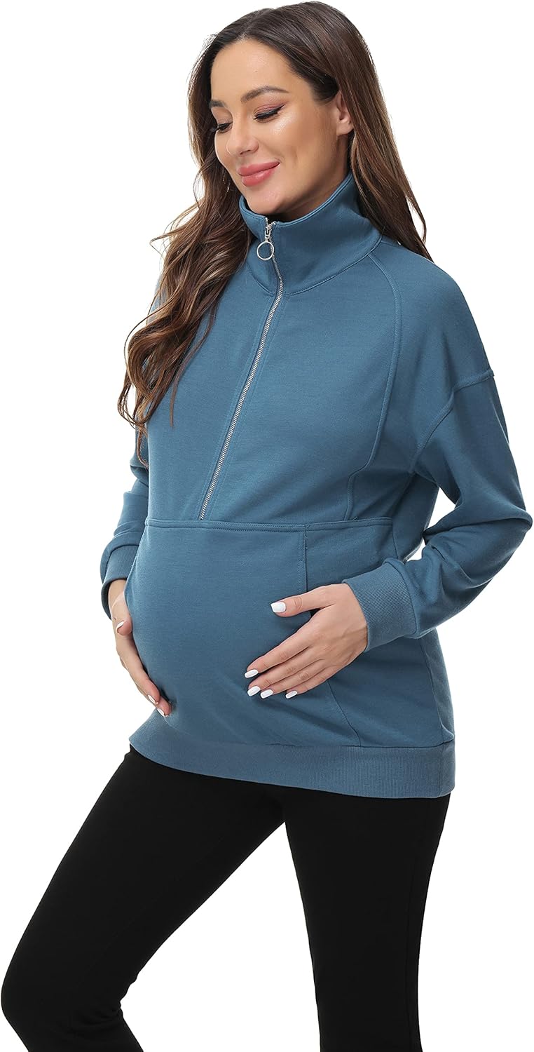 Maacie Maternity 1/2 Zip Pullover Nursing Hoodie Sweatshirt with Kangaroo Pocket : Clothing, Shoes & Jewelry