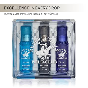 Beverly Hills Polo Club Men's Signature Body Spray Collection | 3-Piece Set: Blue, Active, Sexy | Versatile Fragrances for Every Occasion | Travel-Friendly 3 fl oz Each | Premium Grooming Gift for Him