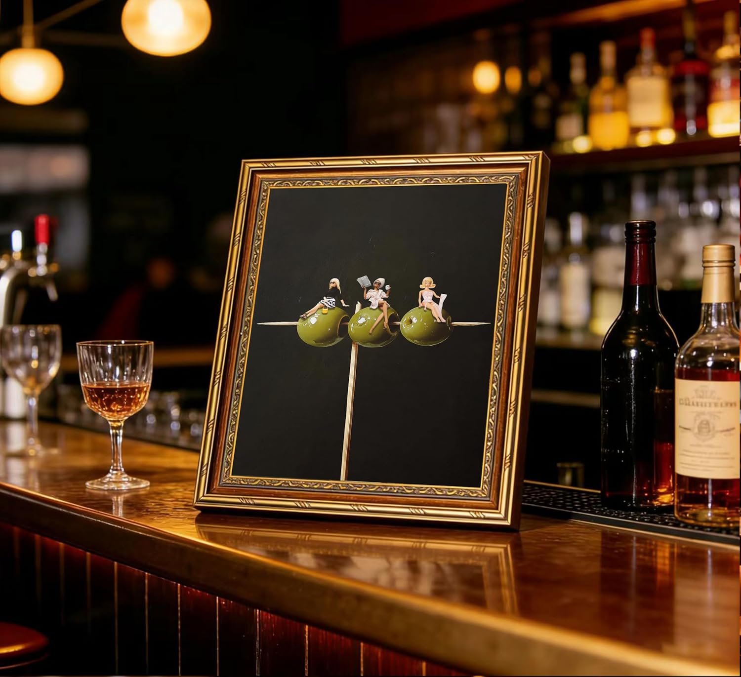 Vintage Gold Framed Bar Wall Art, Trendy Dirty Martini Olive Oil Painting Canvas Print, Funky Girly and Cocktail Picture Wall Decor, Black Minimalist Bar Cart Poster Artwork for Kitchen Dining Room