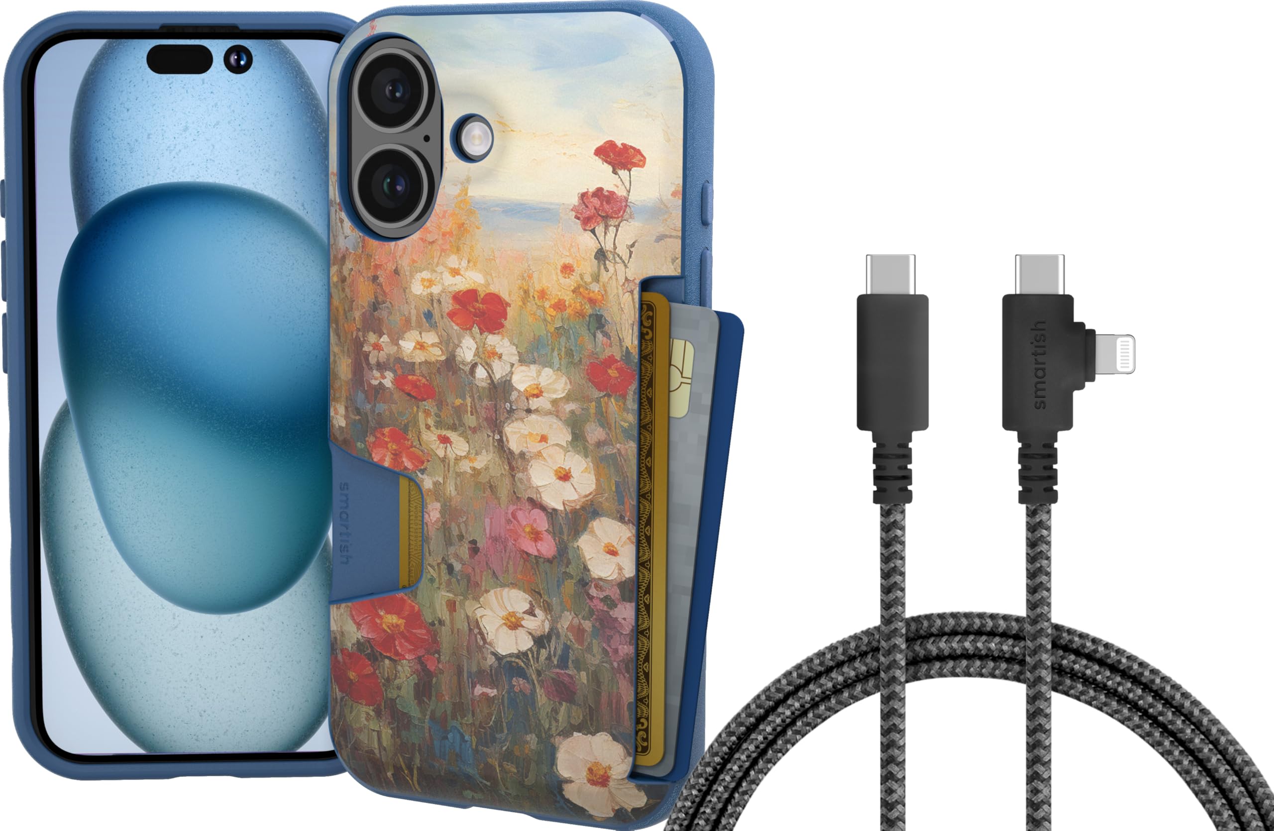 Smartish® iPhone 16 Wallet Case + USB C Lightning Cable Bundle - 6 Foot Fabric Wrapped Fast Charging Cable for Apple iPhone 16