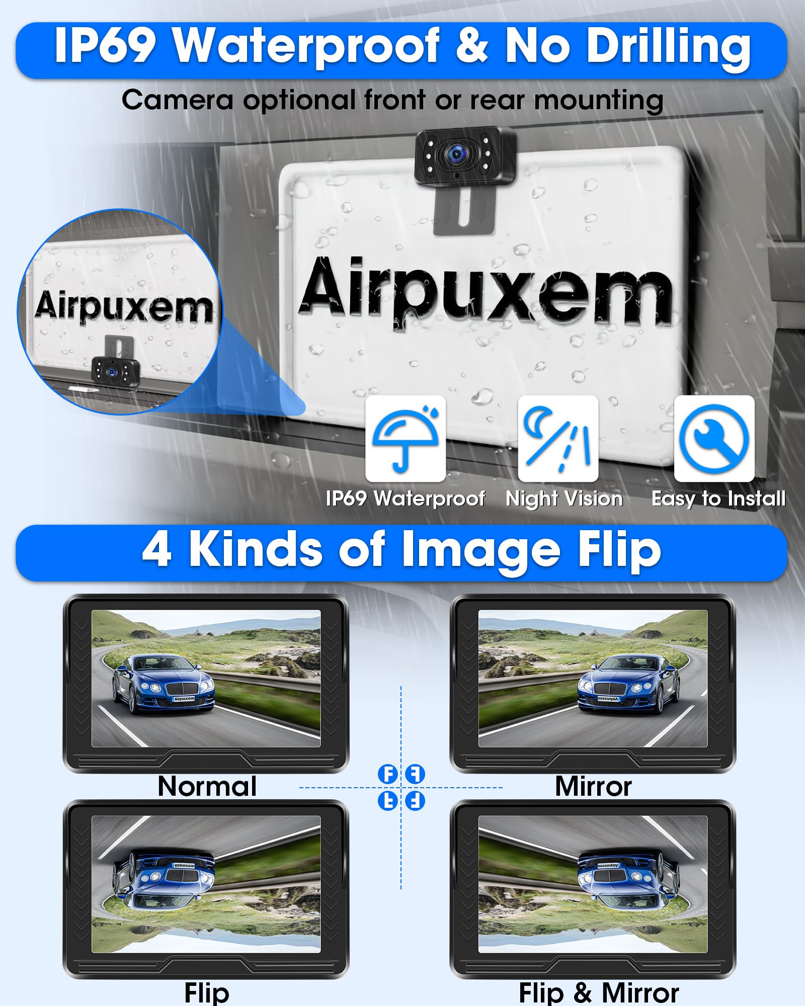AHD 1080P Rückfahrkamera Kabellos mit 5 Zoll Monitor 6 LED Nachtsicht 170° Weitwinkel DC 12V Auto SUV LKW