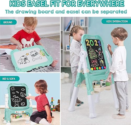 Miniatura 4 de Caballete para niños, caballete giratorio de doble cara para niños, caballete de arte ajustable de pie con accesorios de pintura para niños pequeños