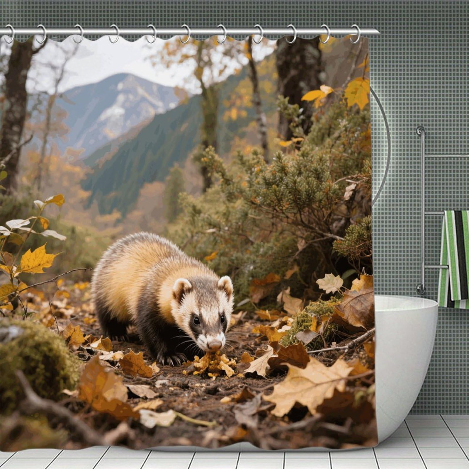 VstaDank Ferret - Badger Shower Curtain Waterproof Bathroom Shower Curtain with C Type Hooks Soft Lightweight Shower Curtains Liner Washable Polyester Cloth Shower Liner 71x71 Inch