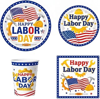 Labor Day Decorations 100 Pcs Happy Labor Day Plates and Napkins Serves 25 | Labor Day Party Tableware Set with 9" & 7" Disposable Plates Napkins Paper Cups for Labor Day Weekend Holiday Party Supplies