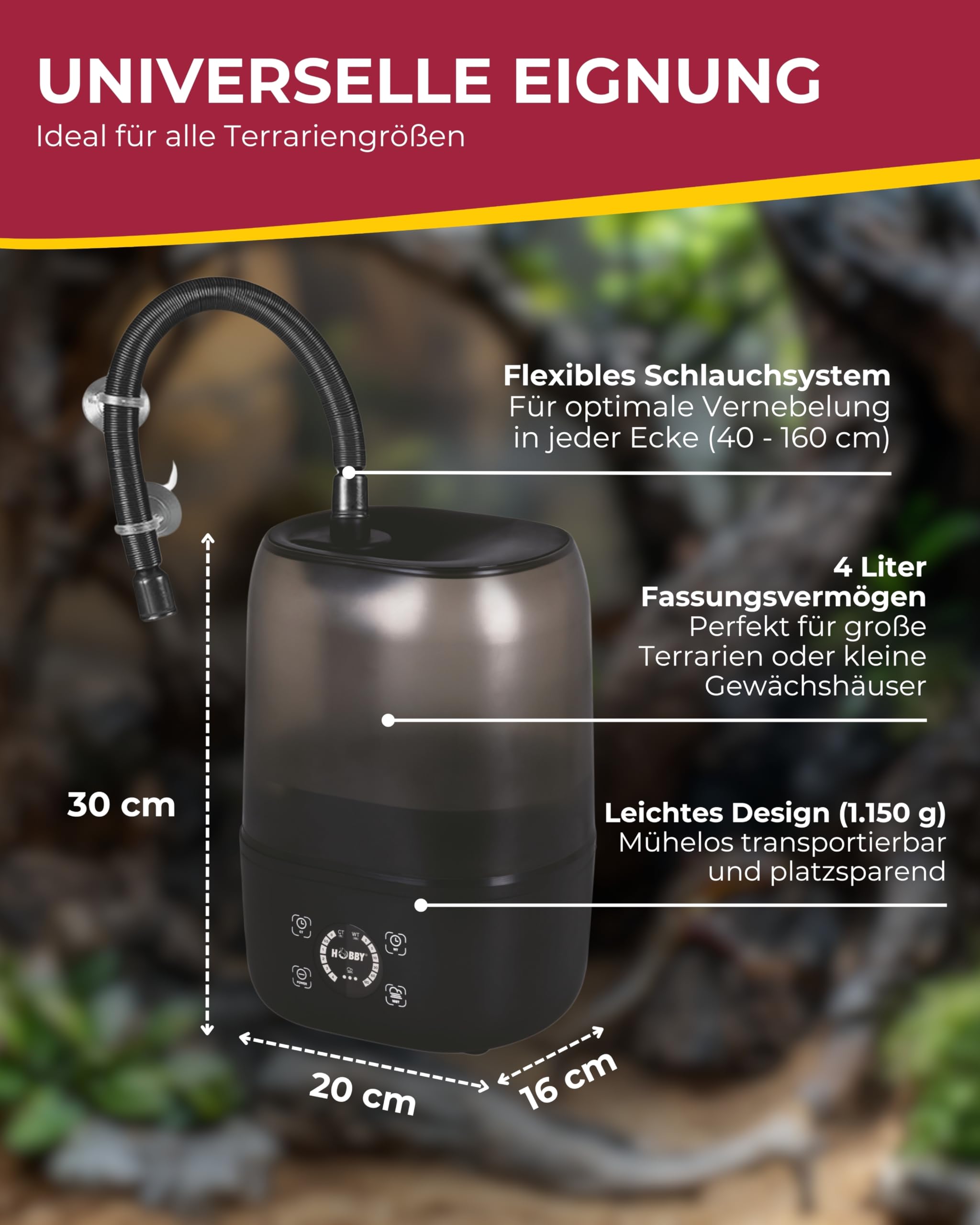 HOBBY Terraristik Hygro System I Digitale Benebelungsanlage für Terrarien I hygienisch & wartungsfreundlich I Terrarium Luftbefeuchter I effizientes Benebelungssystem mit 4L Wassertank
