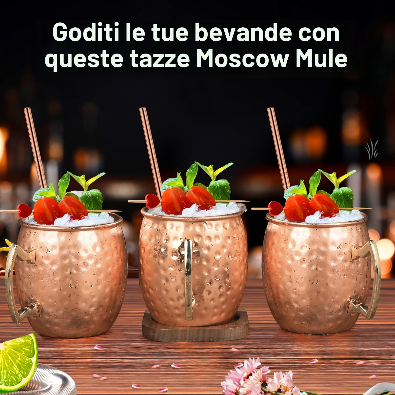 SuproBarware Set regalo Moscow Mule Tazze in rame 540 ml set di 6 acciaio inossidabile placcato rame fatte a mano con manico