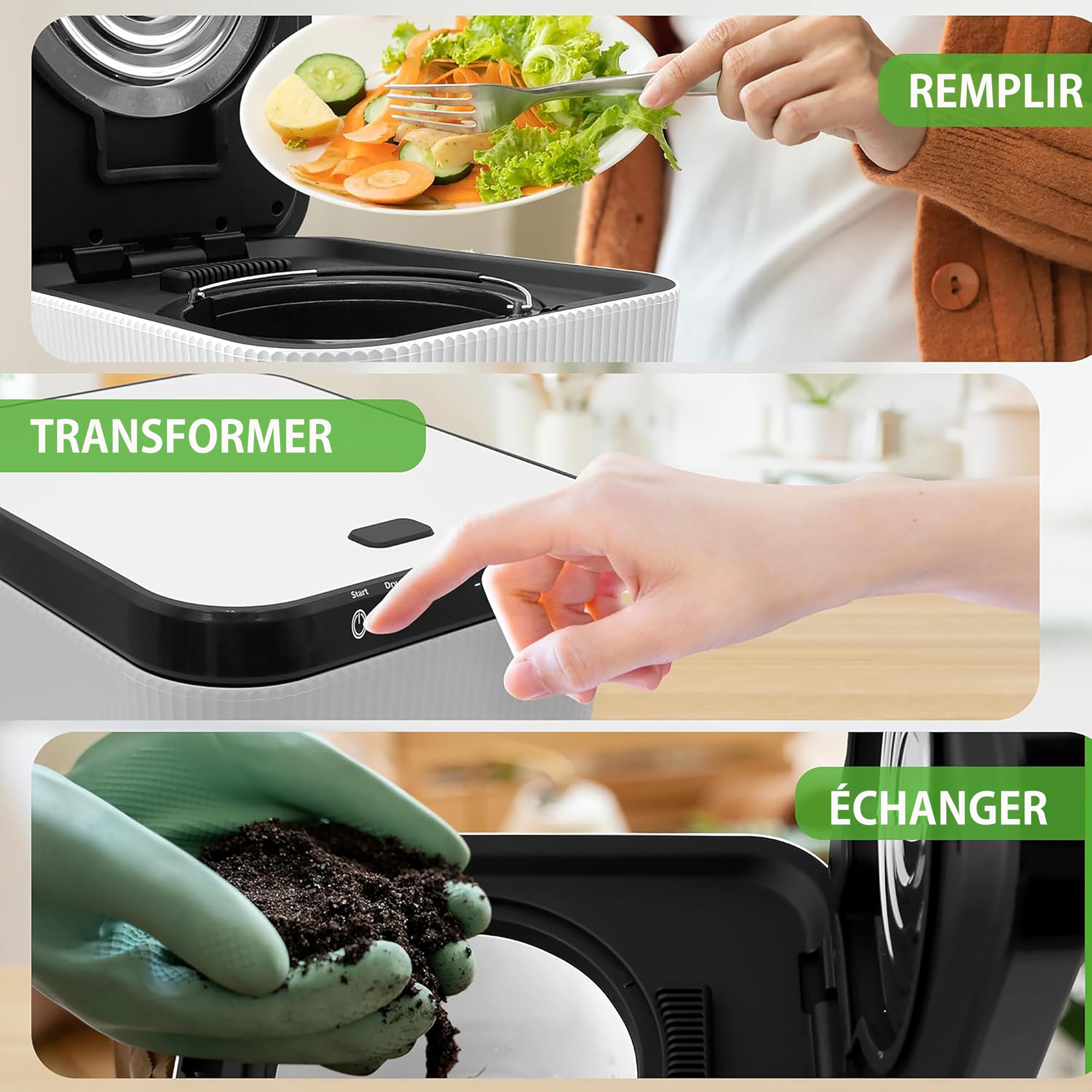 Nutrichef Composteur Cuisine Électrique 3L – Poubelle Compost Cuisine Automatique de Comptoir - Fonctions de Séchage, Broyage et Refroidissement - sans Odeur, Blanc
