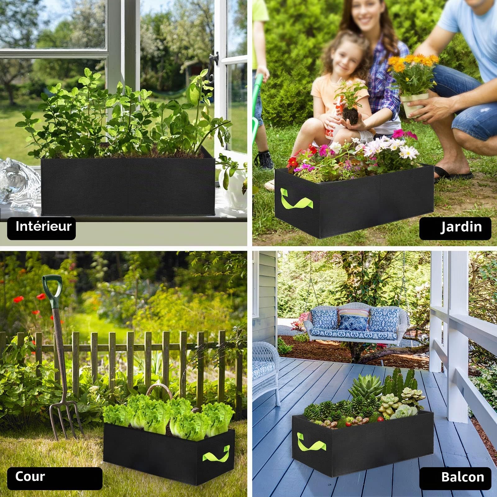 ANGELIOX Lot de 2 Sacs de Culture rectangulaires à 3 Compartiments, 400 g en Tissu épais de 400 g, Pots de Fleurs carrés Non tissés pour Fleurs, légumes, Fruits, Pots de Culture avec poignées