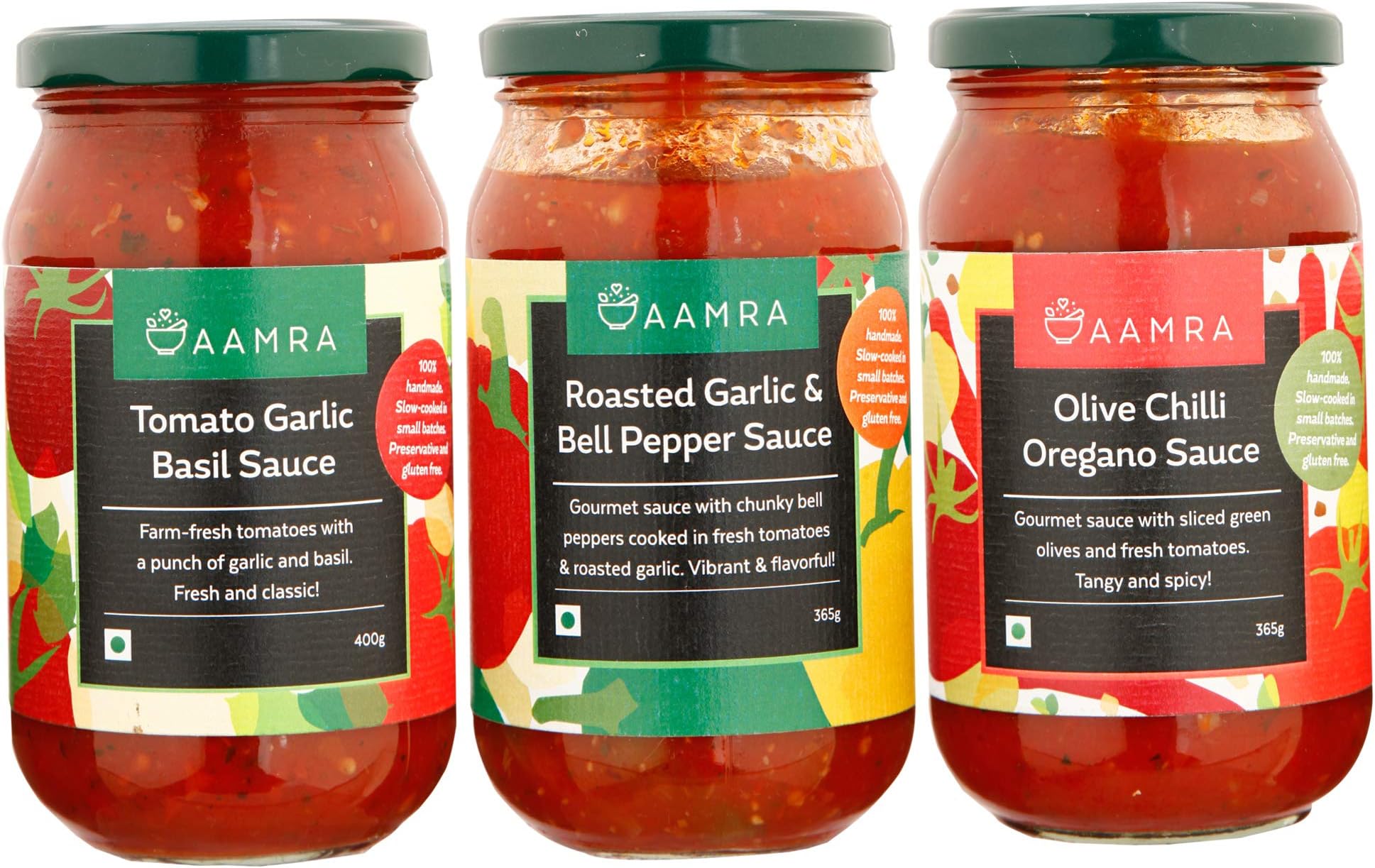 Aamra Homemade Tomato Garlic Basil Pizza Pasta Sauce (400gm), Olive Chilli Oregano Sauce (365gm) and Roasted Garlic & Bell Peppers Sauce (365gm)- Combo of 3 Sauces