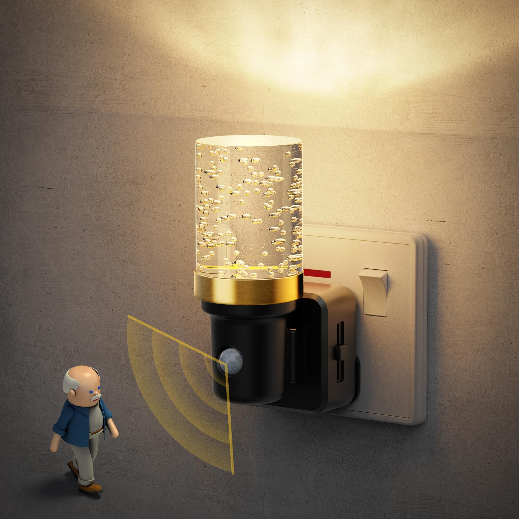 JandCase Night Light Plug in Wall with Motion Sensor, 0-100LM Dimmable, ON/Off/AUTO Lighting Mode, 3000K Warm White