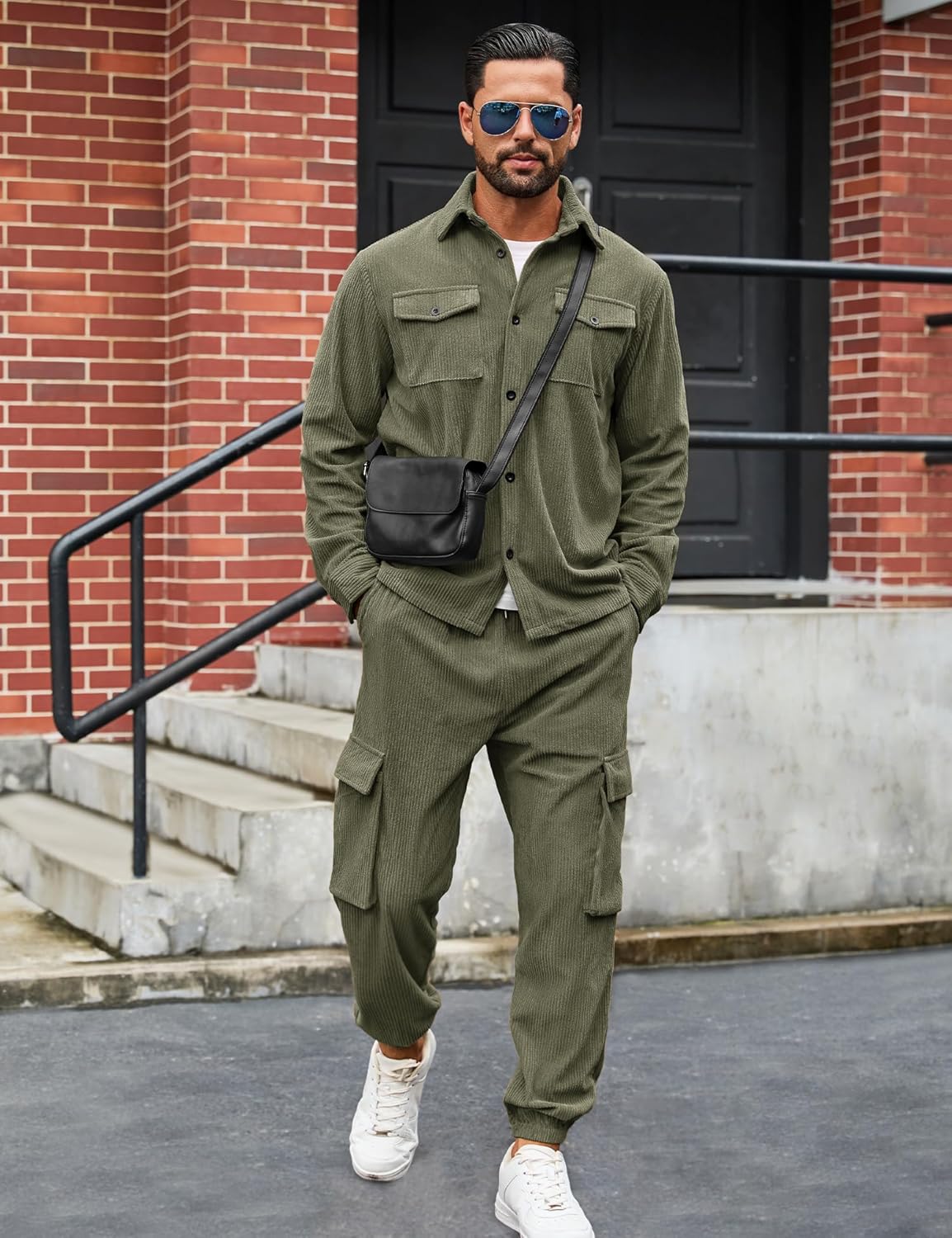 LecGee Men's 2 Piece Corduroy Outfits Long Sleeve Corduroy Shirt Jacket and Corduroy Cargo Pants Fall Winter Tracksuit Set - Image 5