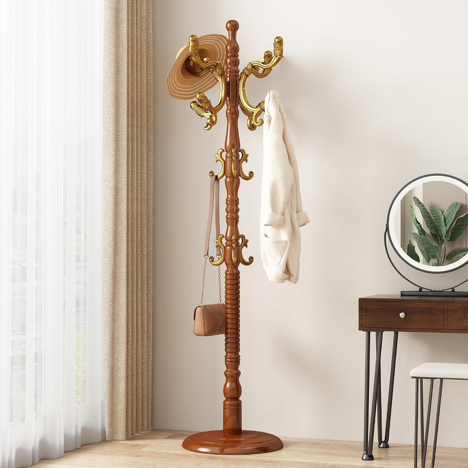 Wood Coat Rack Stand Wooden Coat Rack Freestanding,Begonia | Hall Coat Tree with Sturdy Round Base 14 Hooks for Hat Bag Purses Vintage Coat Tree Hanger Stand for Entryway Hallway Bedroom