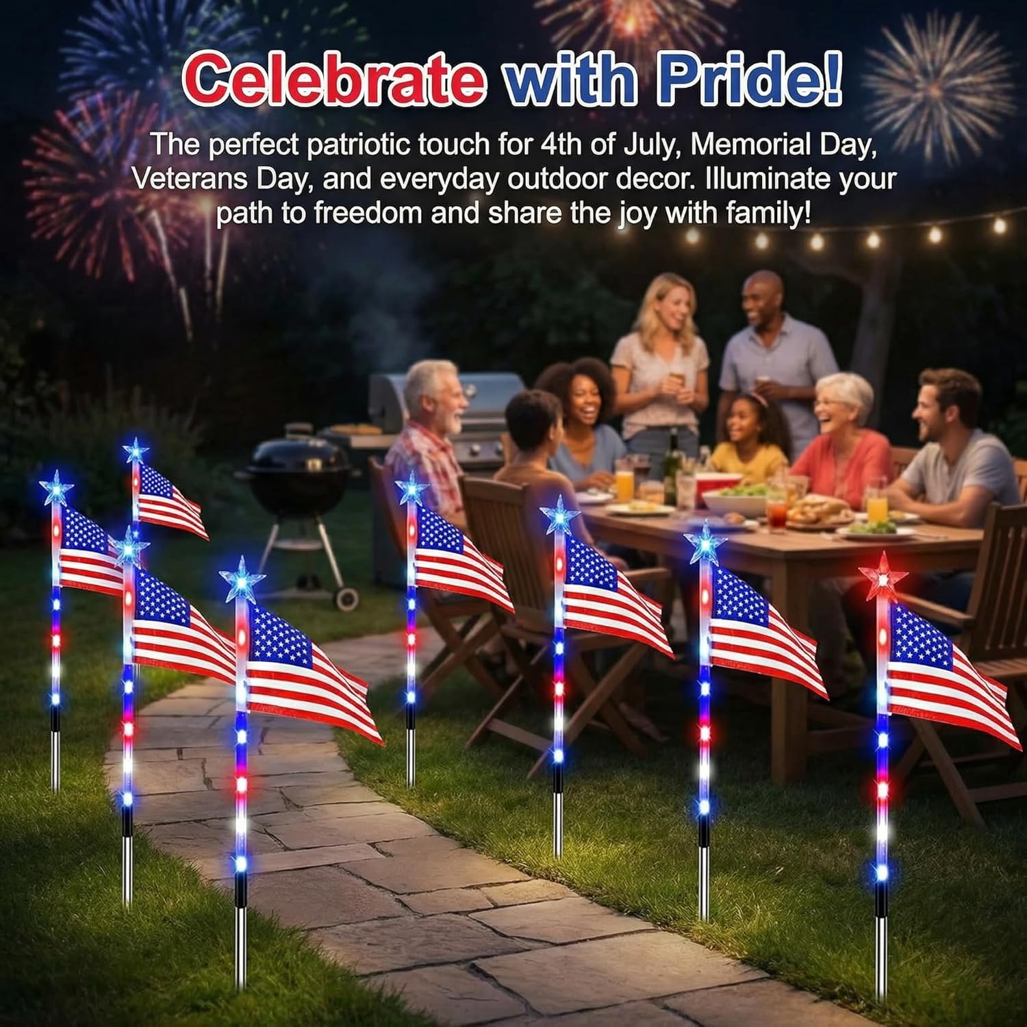 8 Connected in 1 Solar American Flag Pathway Stake Lights with 8 Modes - Patriotic Red White Blue Waterproof LED Outdoor Yard Garden Decorations for 4th of July, Memorial Day