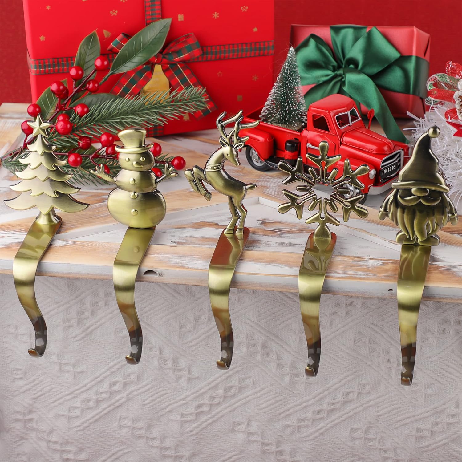 URATOT Christmas Stocking Holders Non-Slip Metal Stocking Hooks Mantel Stocking Holders Hanger in 5 Designs for Christmas Decoration, Bronze, Set of 5