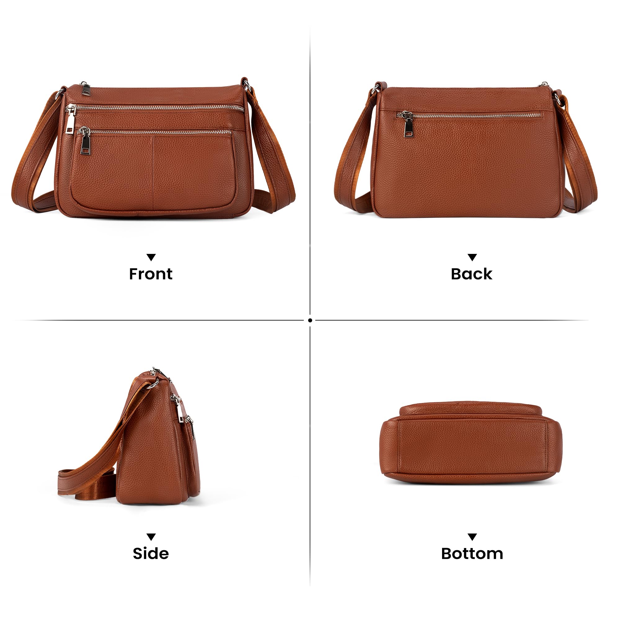 befen Borsa a tracolla in vera pelle da donna, con tasche con cerniera multipla