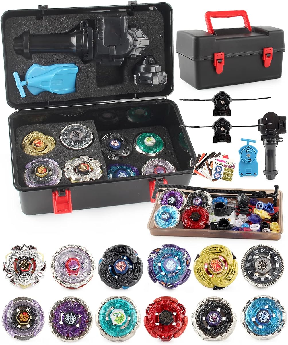 12 Metal Fusion Spinning Tops and 3 Launchers, Gyro Battling Set Ages 6+