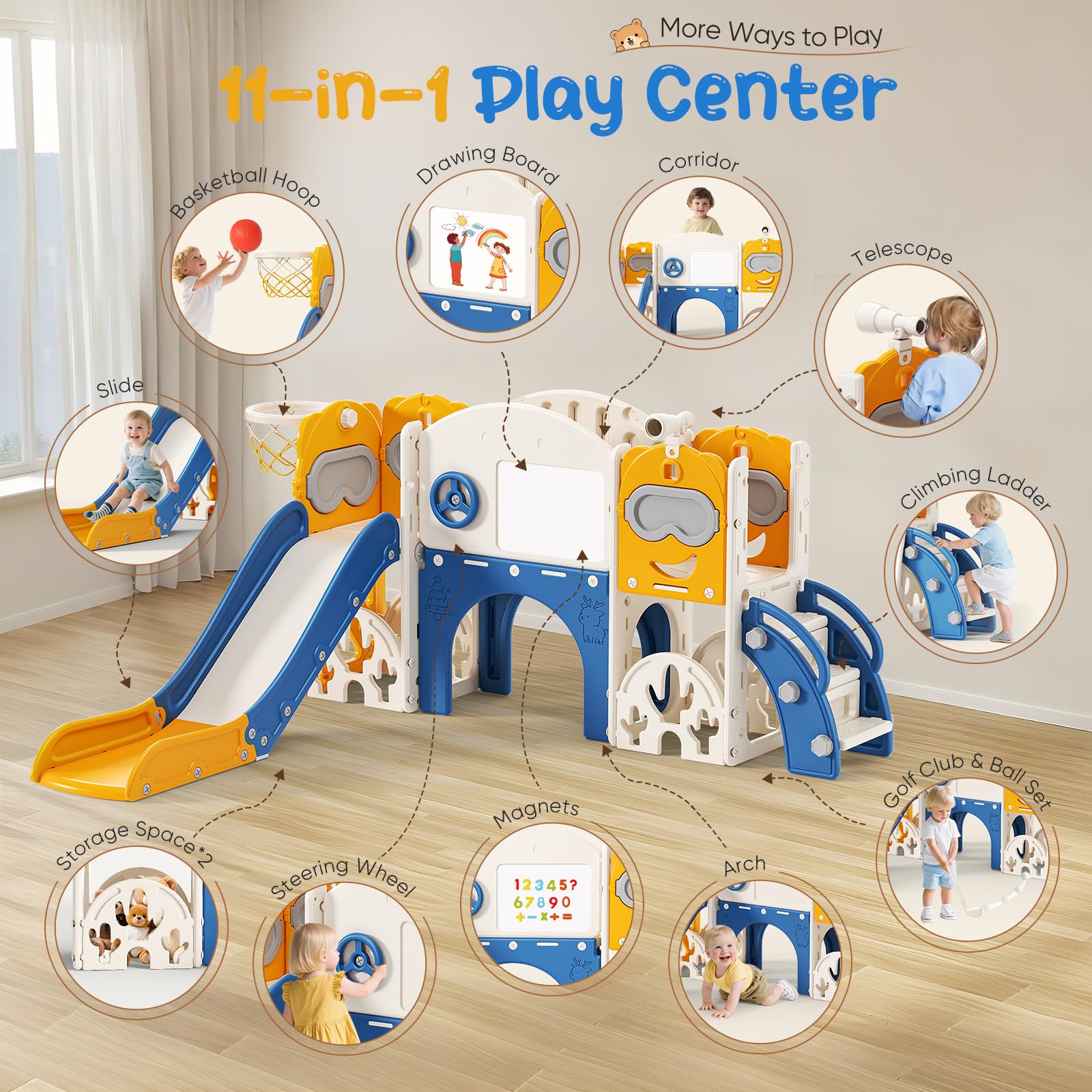 Slide per bambini ispessiti e allargati, scivolo per bambini piccoli indipendente con canestro da basket, attrezzatura per parco giochi con scivolo, per uso in/esterno (Blue arancione 7 in 1)