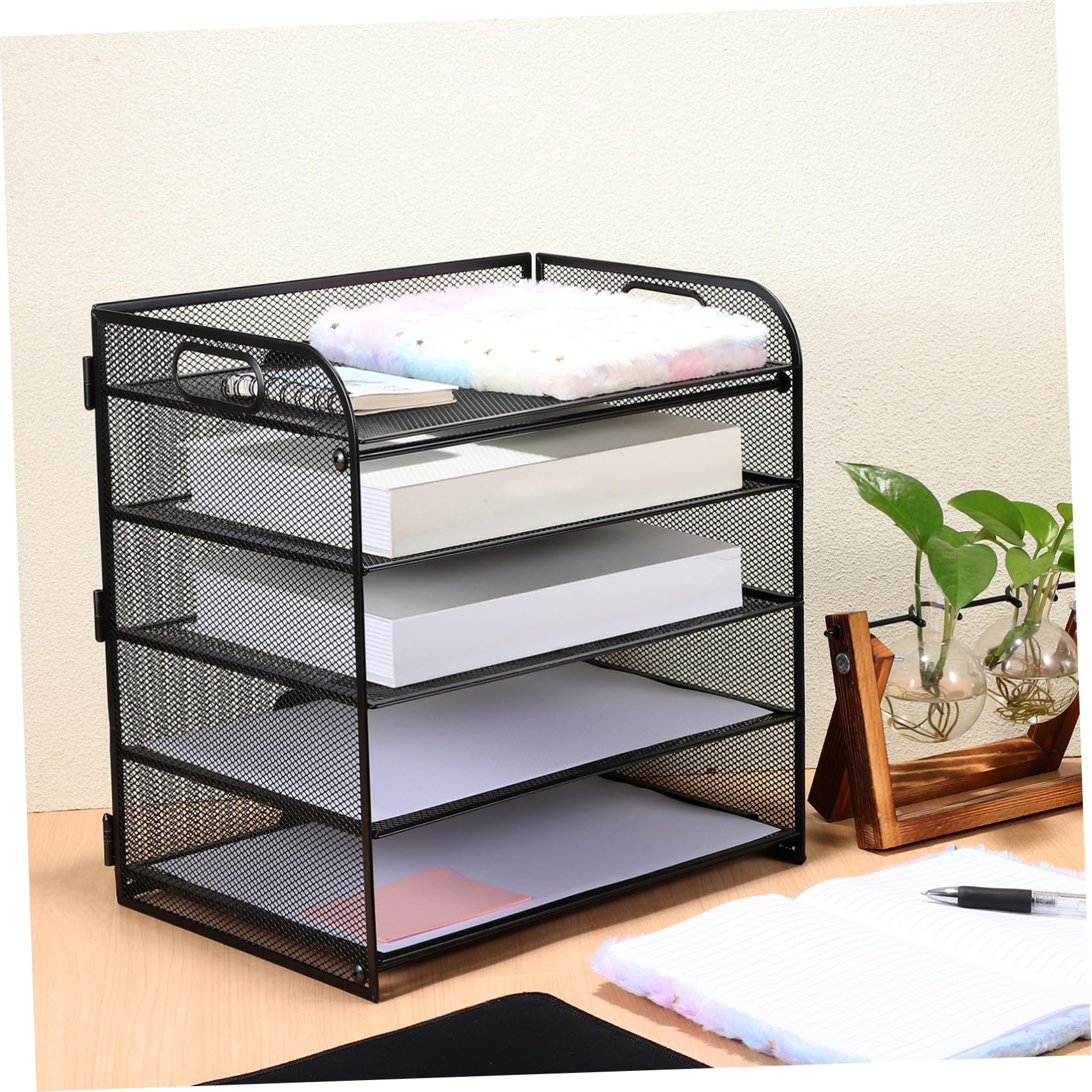 PLAFOPE Portadocumenti Design a Rete Organizzatore da Tavolo Nero in Acciaio al Carbonio a 5 Livelli Facile da Trasportare, per Ufficio e Scrivania Desktop