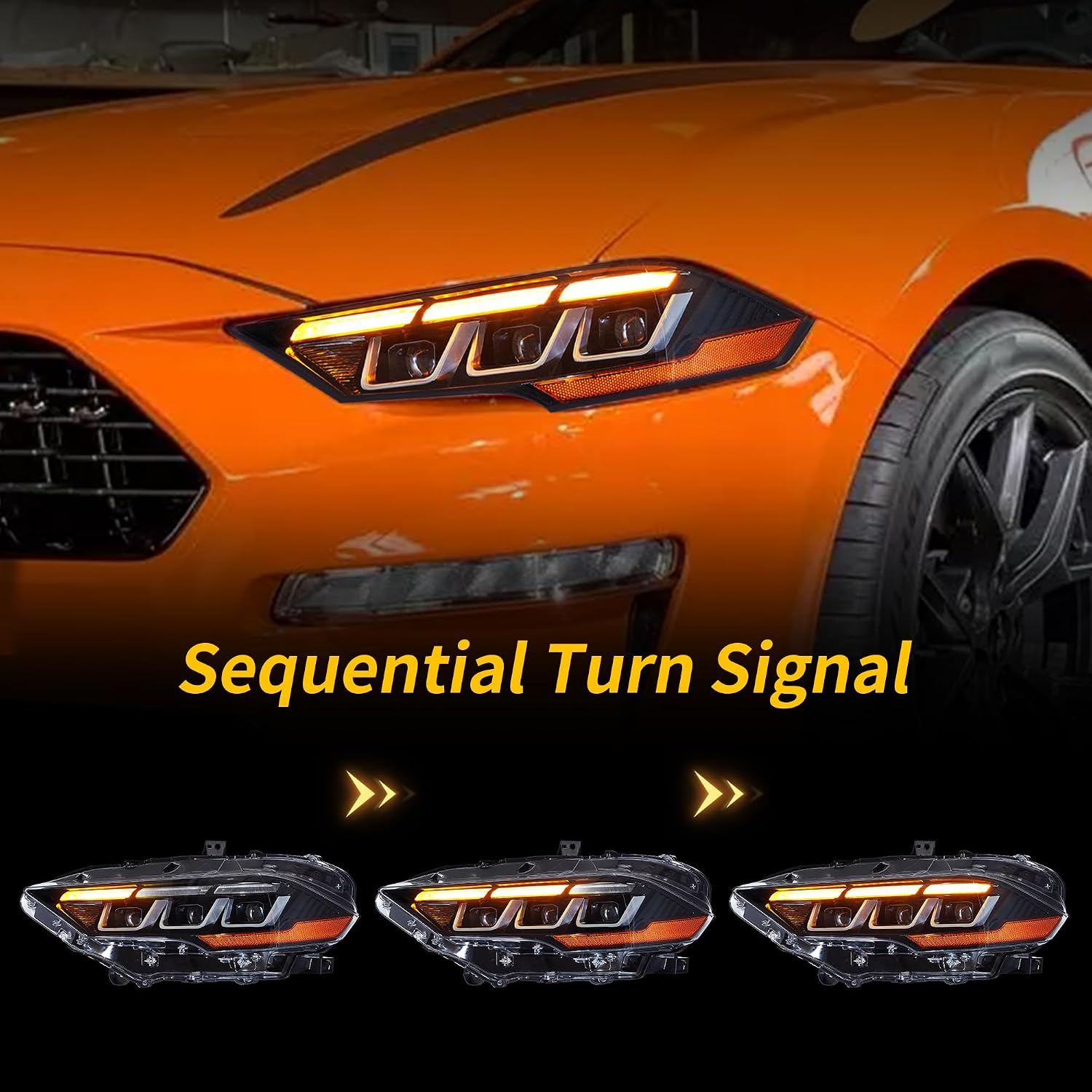 VLAND LED Projector Headlights Compatible With Ford Mustang 2018-2023, With Sequential Turn Signal and Startup Animation, (Driver & Passenger Side)