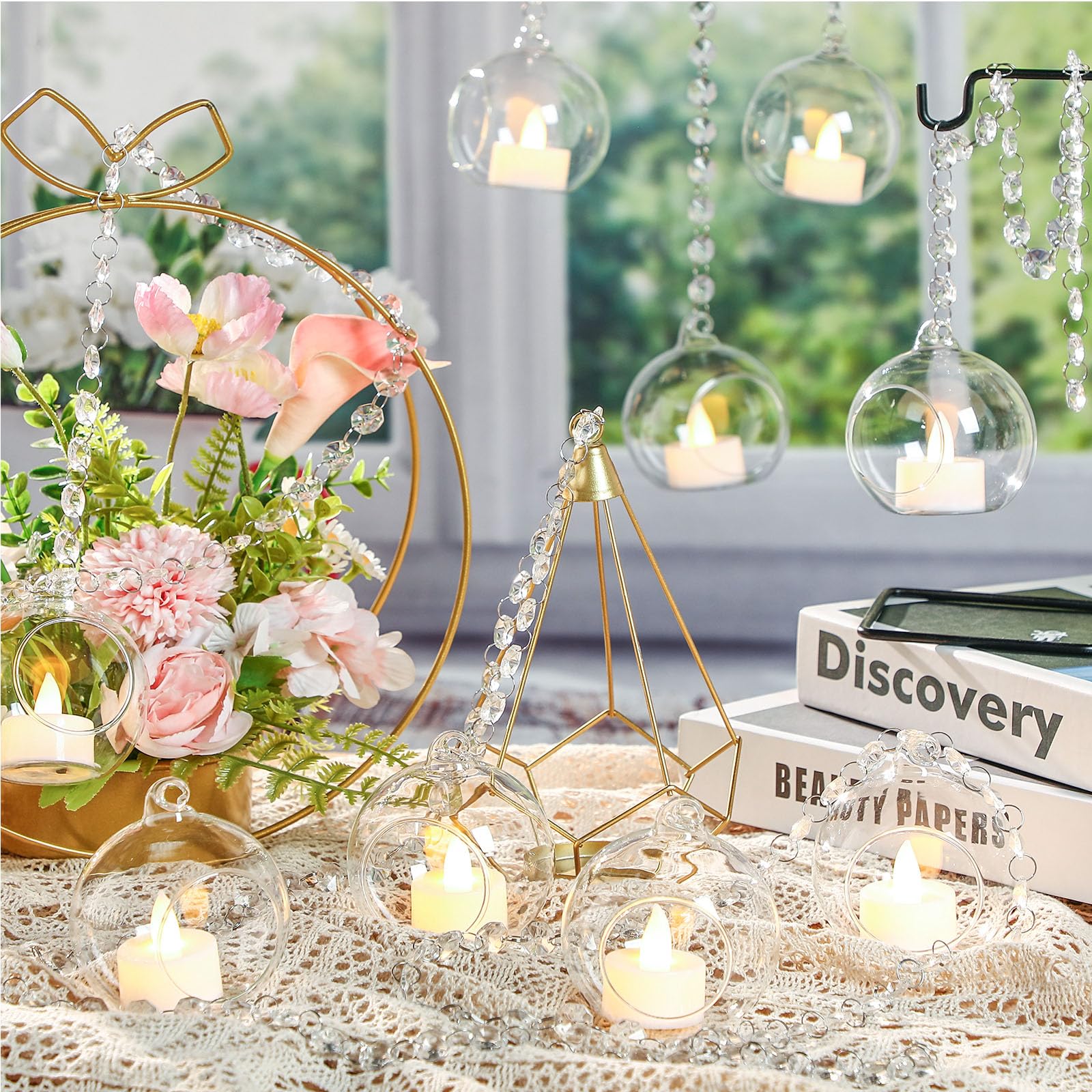 17 piezas de 3.15 pulgadas de cristal colgante de candelita globo y hebras de guirnalda de cristal K9 transparente, recipientes de vidrio de terrario de vidrio colgante para decoración de 6