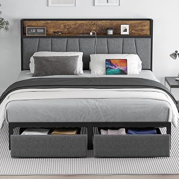 CIKUNASI Bed Frame with Headboard and Storage, King Size Platform Bed Frame with Drawers Storage Chargin Station LED Light Bedframe King Size, Heavy Duty, No Box Spring Needed