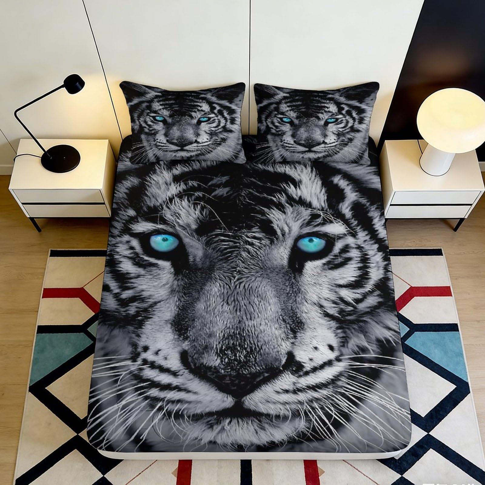 3D Printed Blue Eyed Tiger Fitted Sheet Microfiber Soft Bedroom Decor Animal Pattern Mattress Cover 90x200x25cm