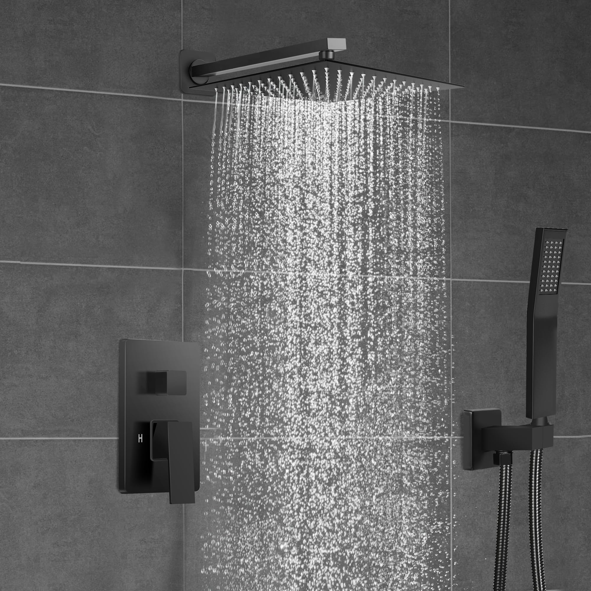 Rengue 12 Inches Shower Faucet Set, Rainfall Shower System Ceiling Mount Matte Black High Pressure Shower Head with Handheld Spray Luxury Morden Style Shower Kit Rough-in Valve Body and Trim Included